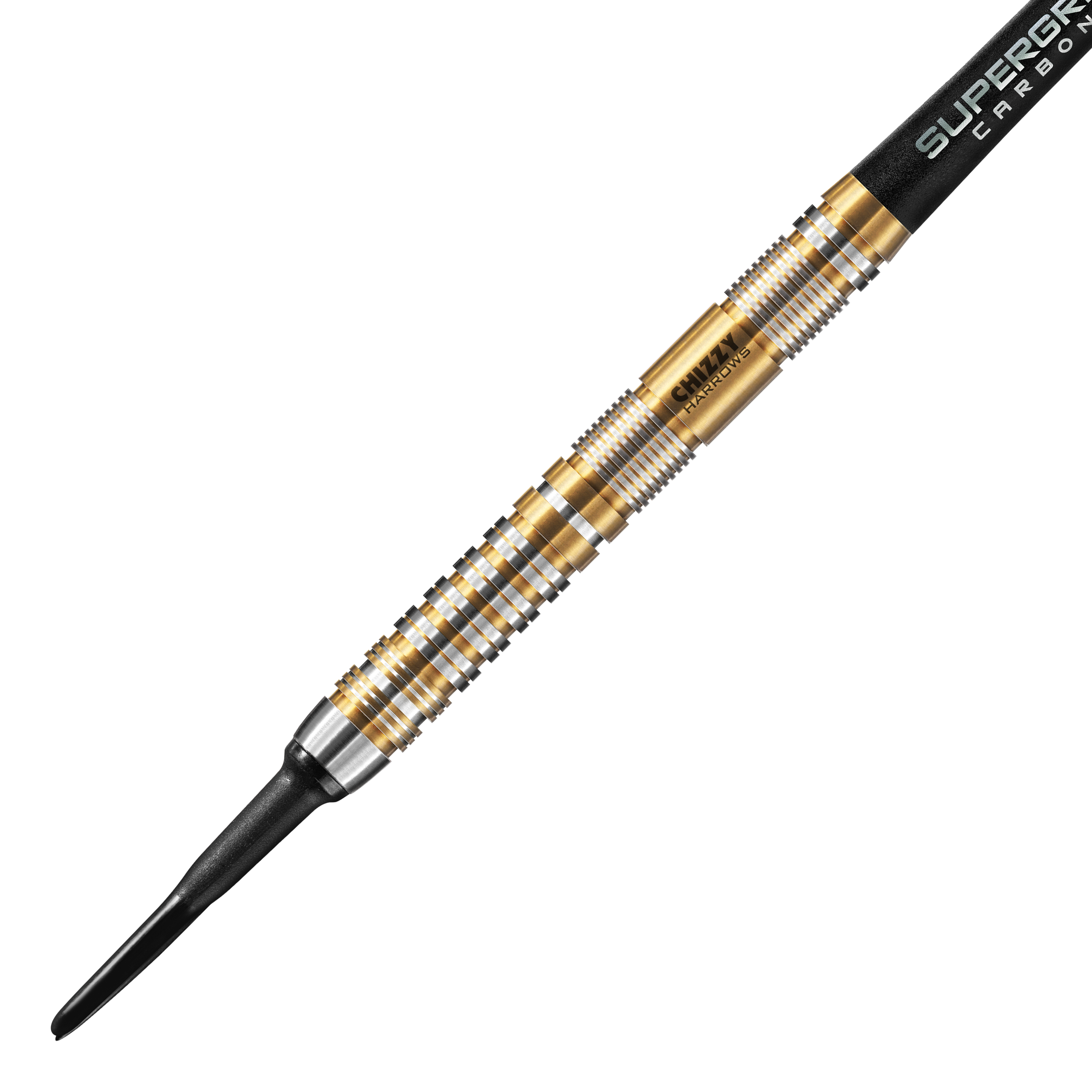 Miękkie rzutki Harrow's Dave Chisnall Chizzy Series 2 Das Bild zeigt einen Harrows Dave Chisnall Chizzy Series 2 Softdart. Der Dartpfeil hat ein auffälliges Design mit goldenen und silbernen Ringen entlang des Barrels.