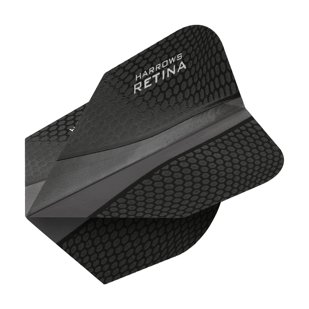 HR67_Harrows_Retina_Schwarz_No2_Standard_Flights_2 Das Bild zeigt die Harrows Retina Schwarz No6 Flights, die für Dartpfeile verwendet werden. Sie sind schwarz und haben ein modernes, wabenartiges Muster.