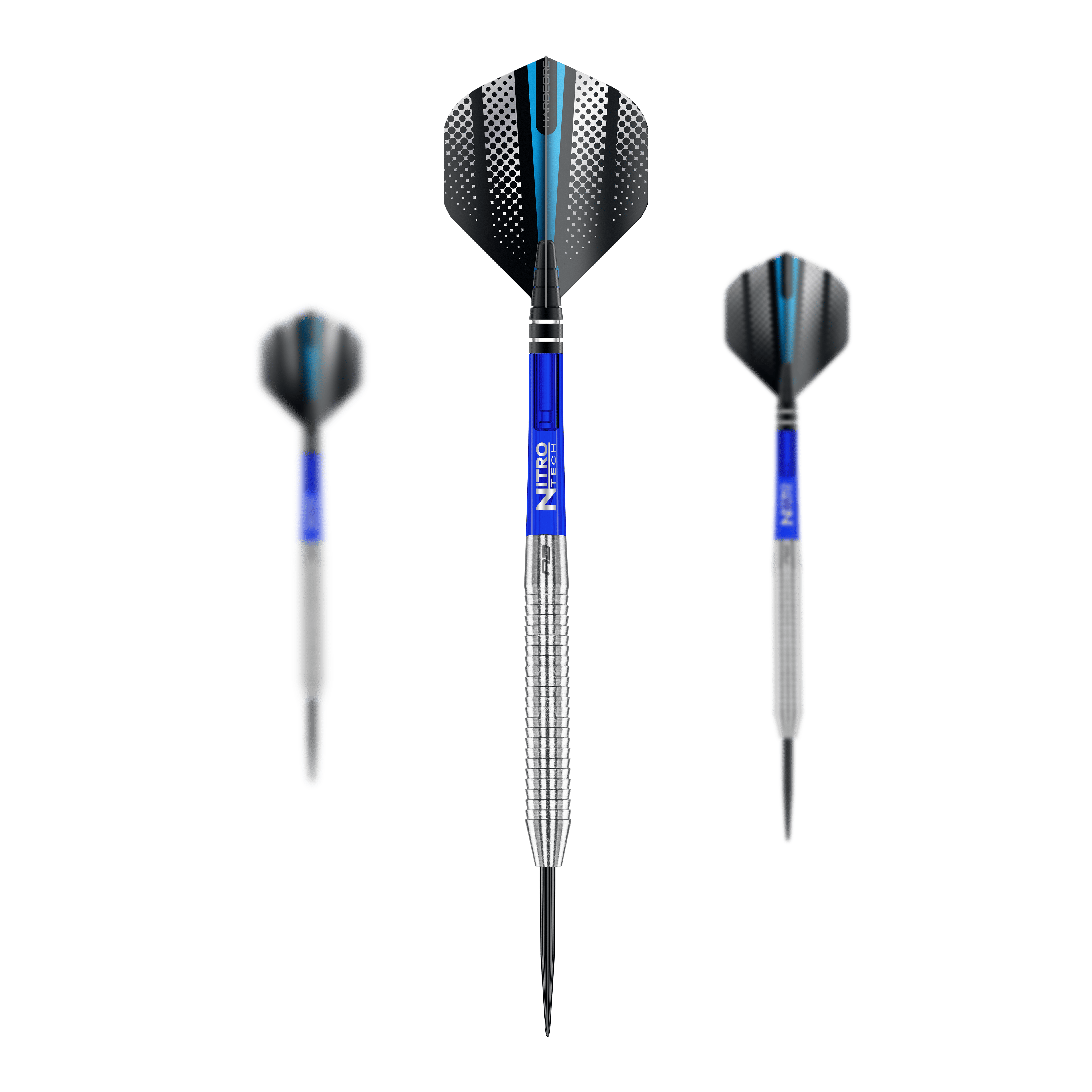 Šipky Red Dragon Razor Edge Original Steel Das Bild zeigt drei Red Dragon Razor Edge Original Steeldarts mit einem Gewicht von 24g. Die Darts haben blaue Schäfte, silberne Griffbereiche und schwarze Flights mit einem Muster.