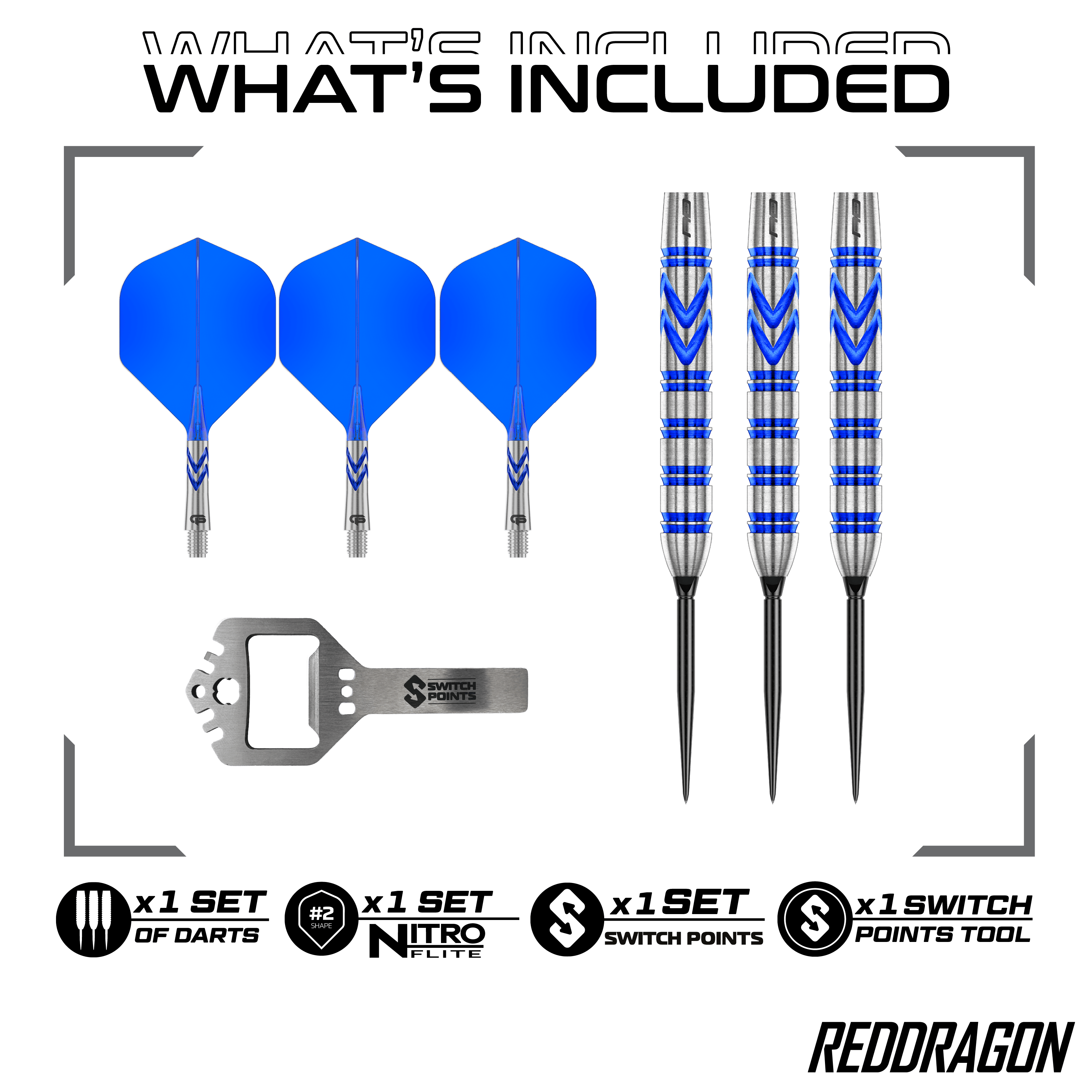 Hier sind die Red Dragon Gerwyn Price Blue Original Switch Point Steeldarts abgebildet. Sie zeichnen sich durch ihr blaues Design und hohe Präzision aus.