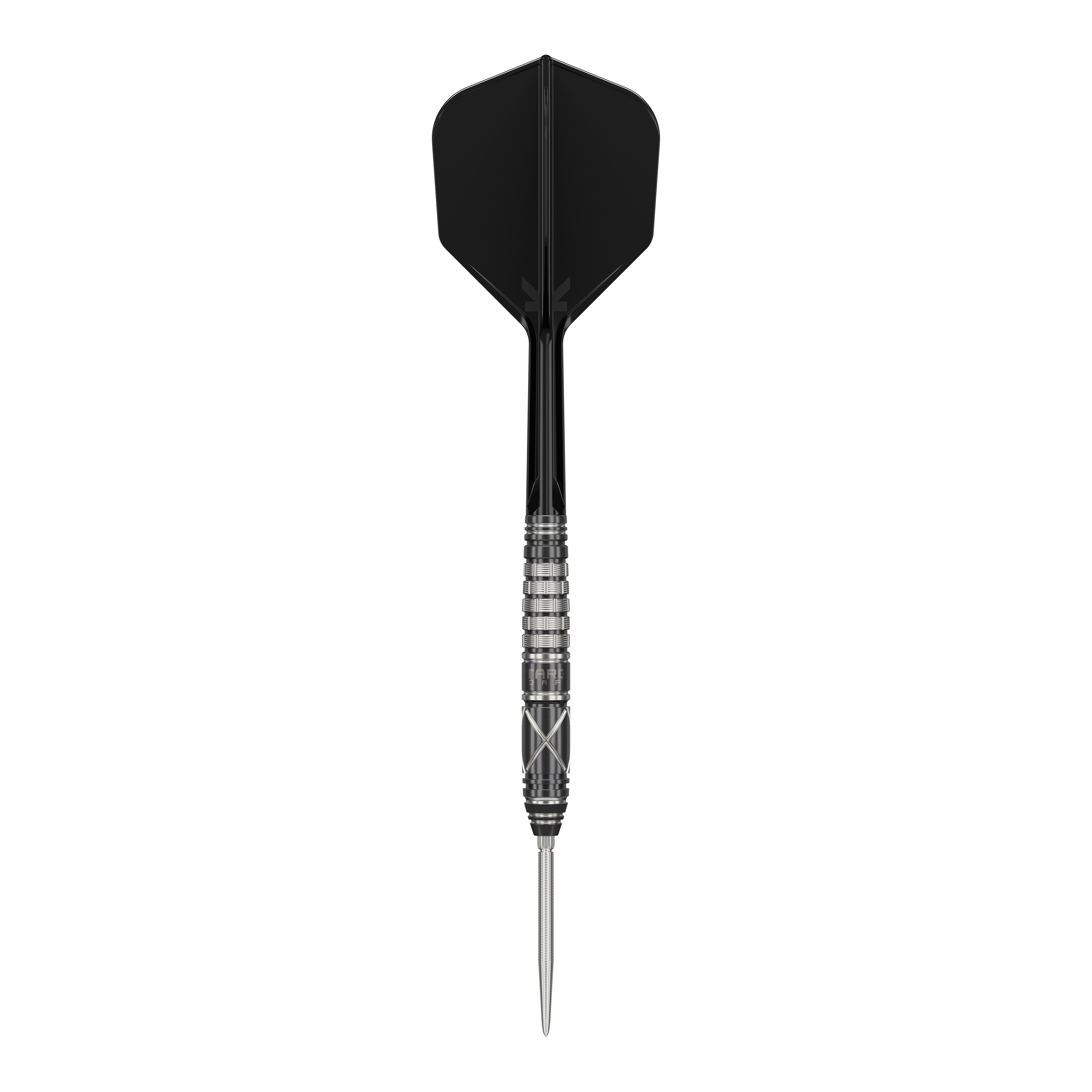 Target Japan Black Marque Chaos 2 SP steel darts Das Bild zeigt einen stilvollen Steeldartpfeil mit schwarzer Flight und silber-schwarzem Barrel. Es handelt sich um das Produkt "Target Japan Black Marque Chaos 2 SP Steeldarts".