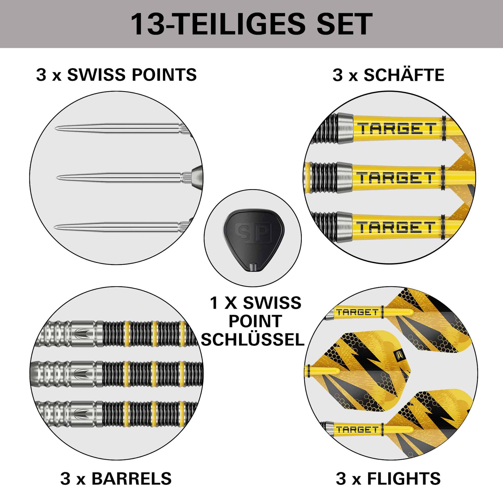 Target Buzz 02 Swiss Points Steeldarts Das Bild zeigt die Target Buzz 02 Swiss Points Steeldarts. Die Steeldarts werden aus einer anderen Perspektive vorgestellt.