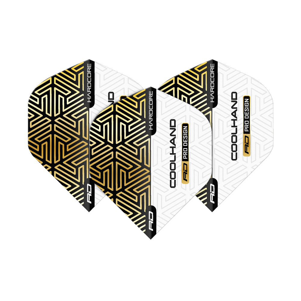 Red Dragon Hardcore Luke Humphries Zlatobílé Prémiové Standardní Letky Das Bild zeigt die "Red Dragon Hardcore Luke Humphries Gold White Premium Standard Flights". Die Flights sind weiß mit gold-schwarzem geometrischem Muster und schwarzem Schriftzug.