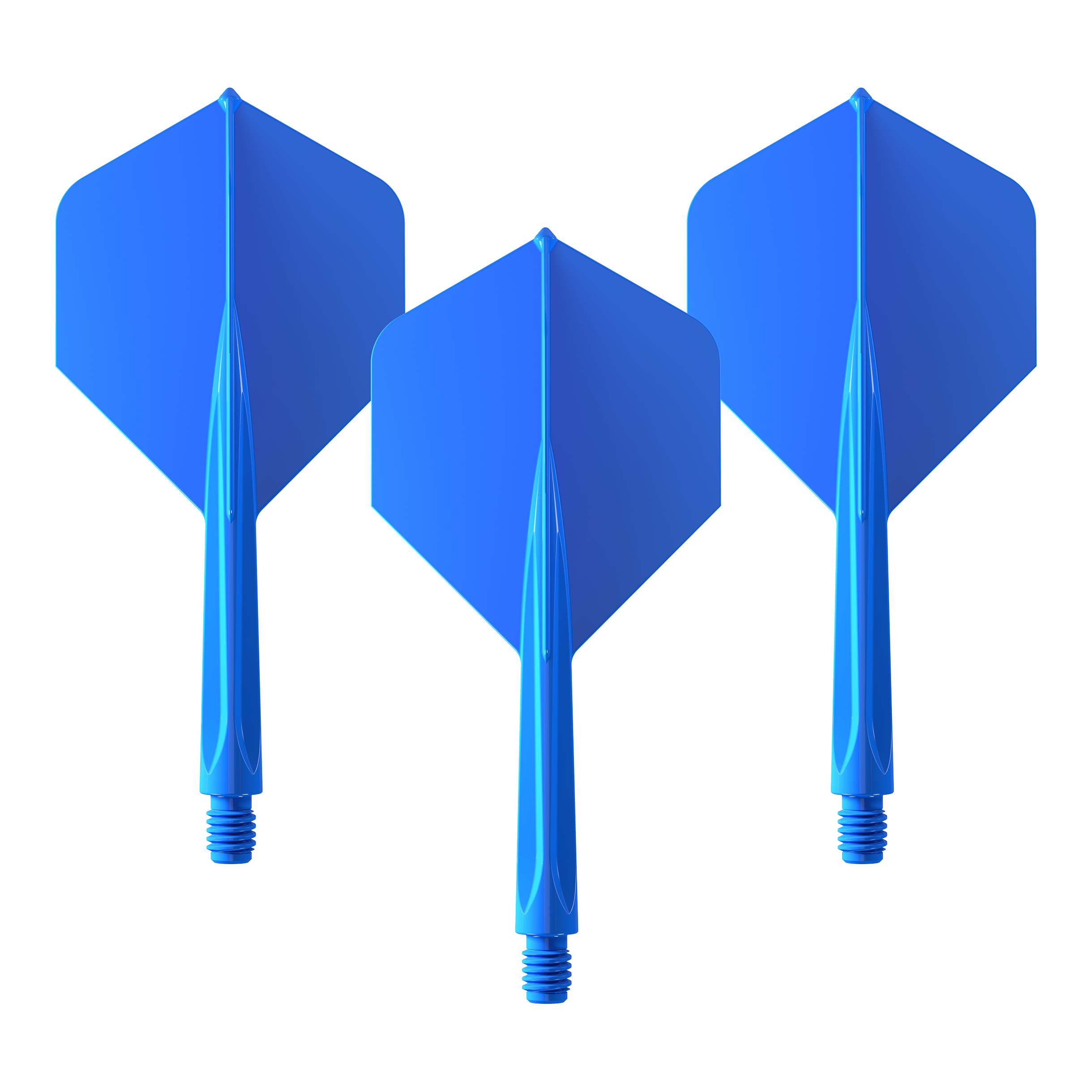 Unicorn Forge All In One Plus No2 Standard Flights Blue - Medium Das Bild zeigt drei blaue Dart-Flights des Produkts "Unicorn Forge All In One Plus No2 Standard Flights Blau - Medium". Sie sind mittelgroß und haben eine standardisierte Form.