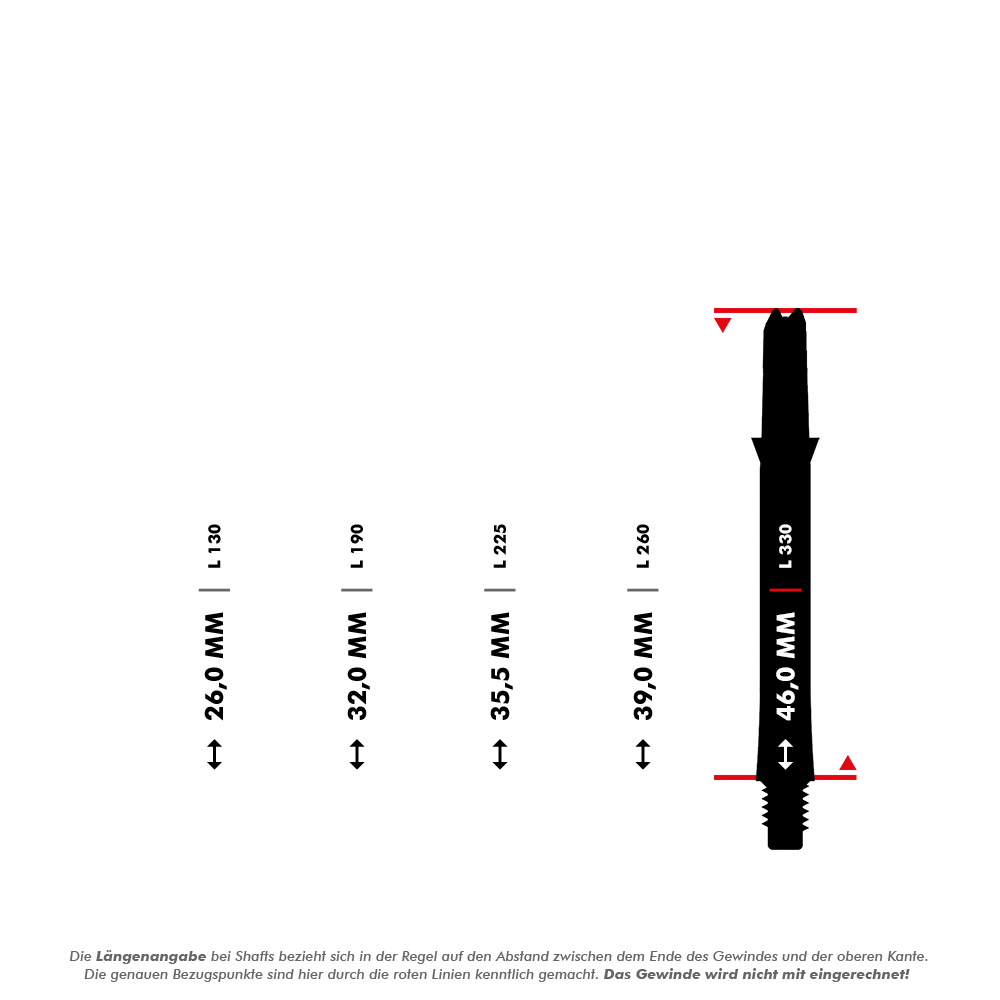 Wałki karbonowe w stylu L Auf dem Bild sind fünf verschieden lange L-Style L-Shaft Carbon Shafts ohne Kappen dargestellt, jeweils mit ihren Längenangaben in Millimetern. Die Längen reichen von 26,0 mm bis 46,0 mm und werden durch rote Linien an den Schäften markiert.