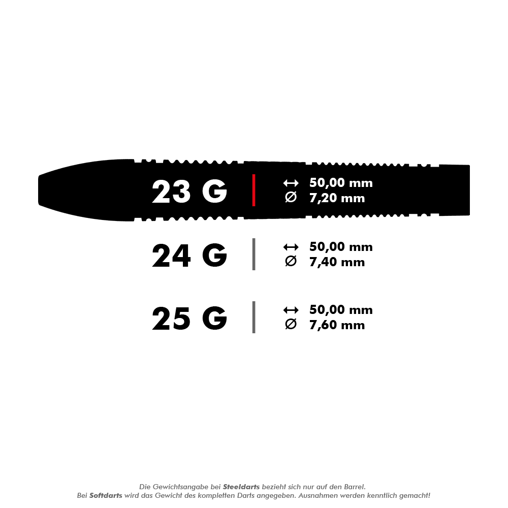 Dardos de acero Target Scope 02 Swiss Point Das Bild zeigt drei verschiedene Steeldarts mit den Gewichten 23 g, 24 g und 25 g. Für jedes Gewicht sind die Länge von 50,00 mm und der jeweilige Durchmesser angegeben.