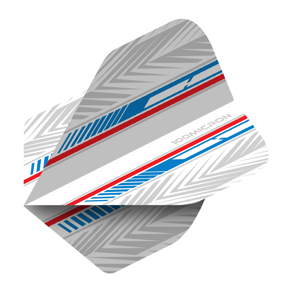 Vuelos de pentatlón blanco/azul/rojo Das Bild zeigt einen Pentathlon White Blue Red No2 Standard Flight für Darts. Das Design besteht aus weißen, blauen und roten Streifen mit silbergrauen Mustern.