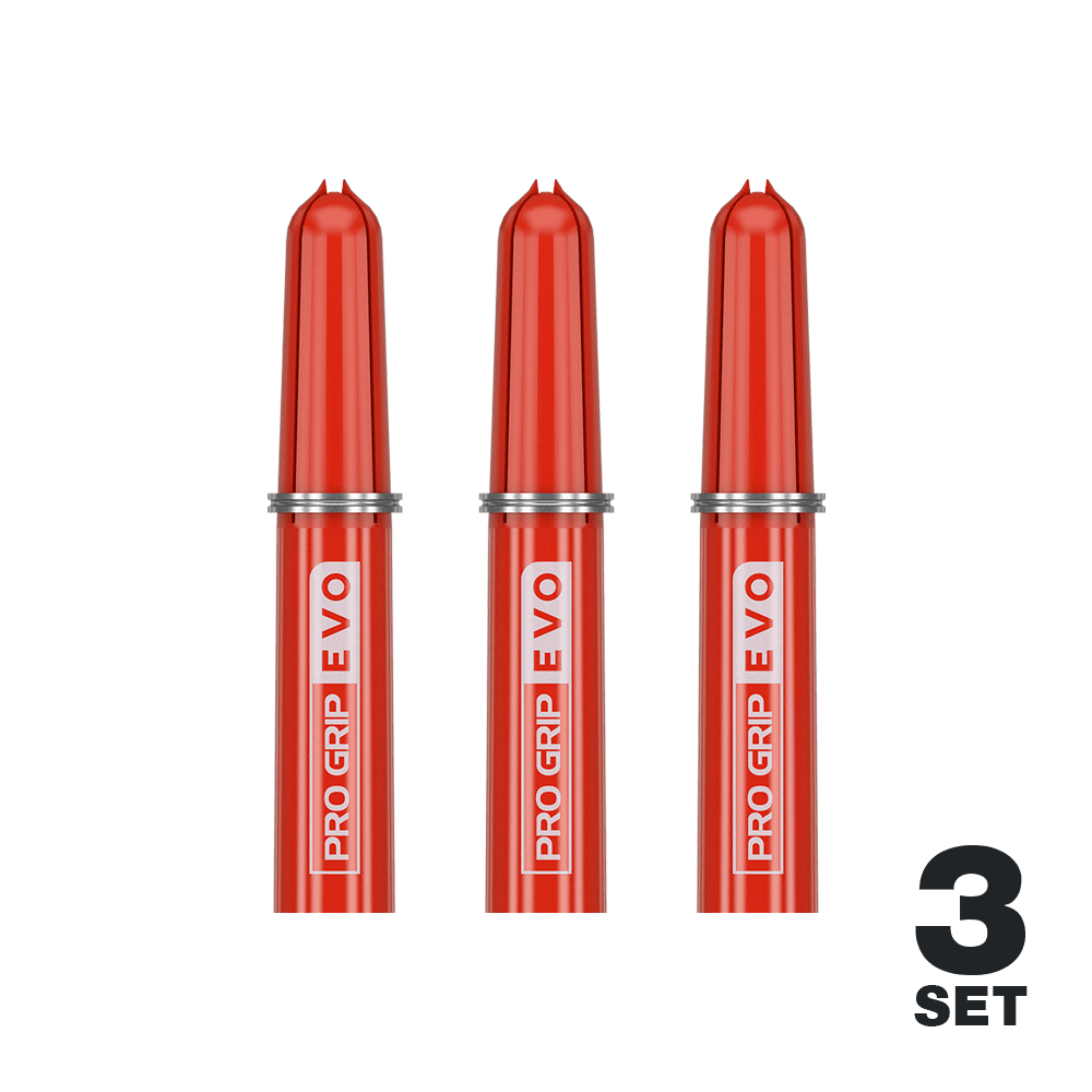 Target Pro Grip EVO Ersatztops (9er Pack) Das Bild zeigt drei rote Target Pro Grip EVO Ersatztops für Dartpfeile. Unten rechts steht "3 Set", was auf drei Sets in der Packung hinweist.