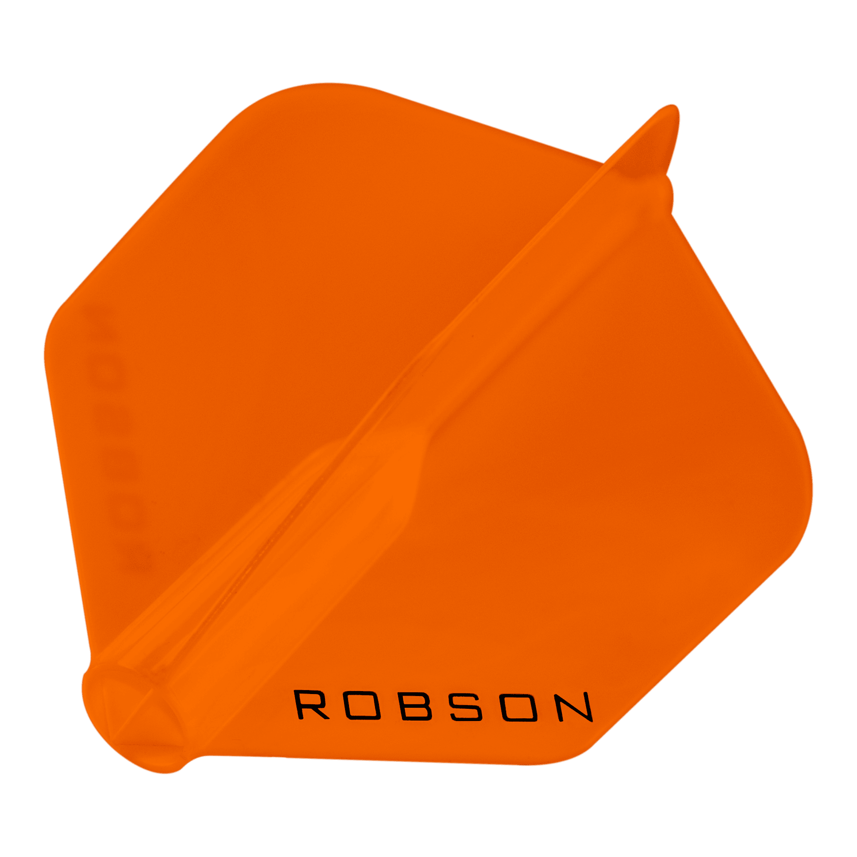 Voli Robson Plus - Standard Das Bild zeigt ein orangefarbenes Dart-Flügel mit der Aufschrift "ROBSON". Er hat eine sechseckige Form und ist transparent.