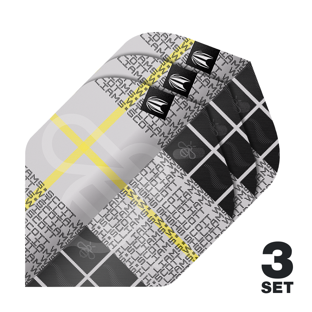 Target Pro Ultra Scott Williams GEN2 No2 Standard Flights - 3 zestawy Das Bild zeigt drei Sets der Target Pro Ultra Scott Williams GEN2 No2 Standard Flights. Die Flights haben ein schwarz-graues Muster mit gelben Linien und weißen Schriftzügen.