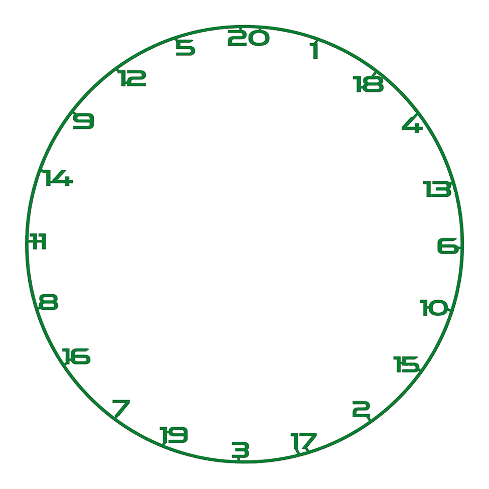 Bullet Dartboard Zahlenring Ein Zahlenring für ein Dartboard mit klarer Ziffernstruktur liegt auf weißem Hintergrund. Das Material glänzt leicht.