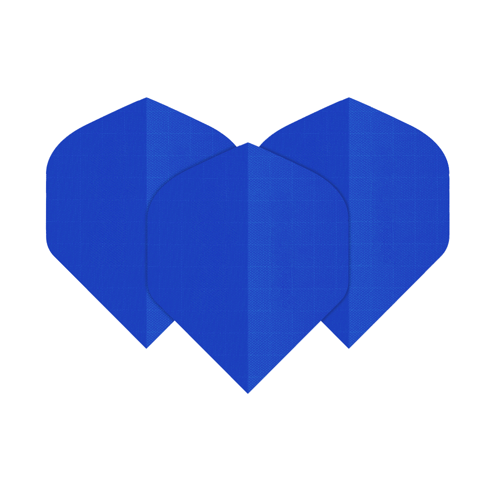 Das Bild zeigt drei blaue Dart-Flights aus Nylon-Stoff. Sie haben eine klassische, leicht abgerundete Form.