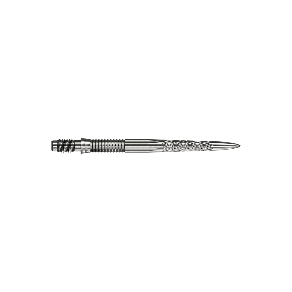 Abgebildet sind silberne Dartspitzen Mission R25 Rapid Point DSX mit einer Länge von 30mm. Die Spitzen werden aus zwei verschiedenen Blickwinkeln präsentiert.