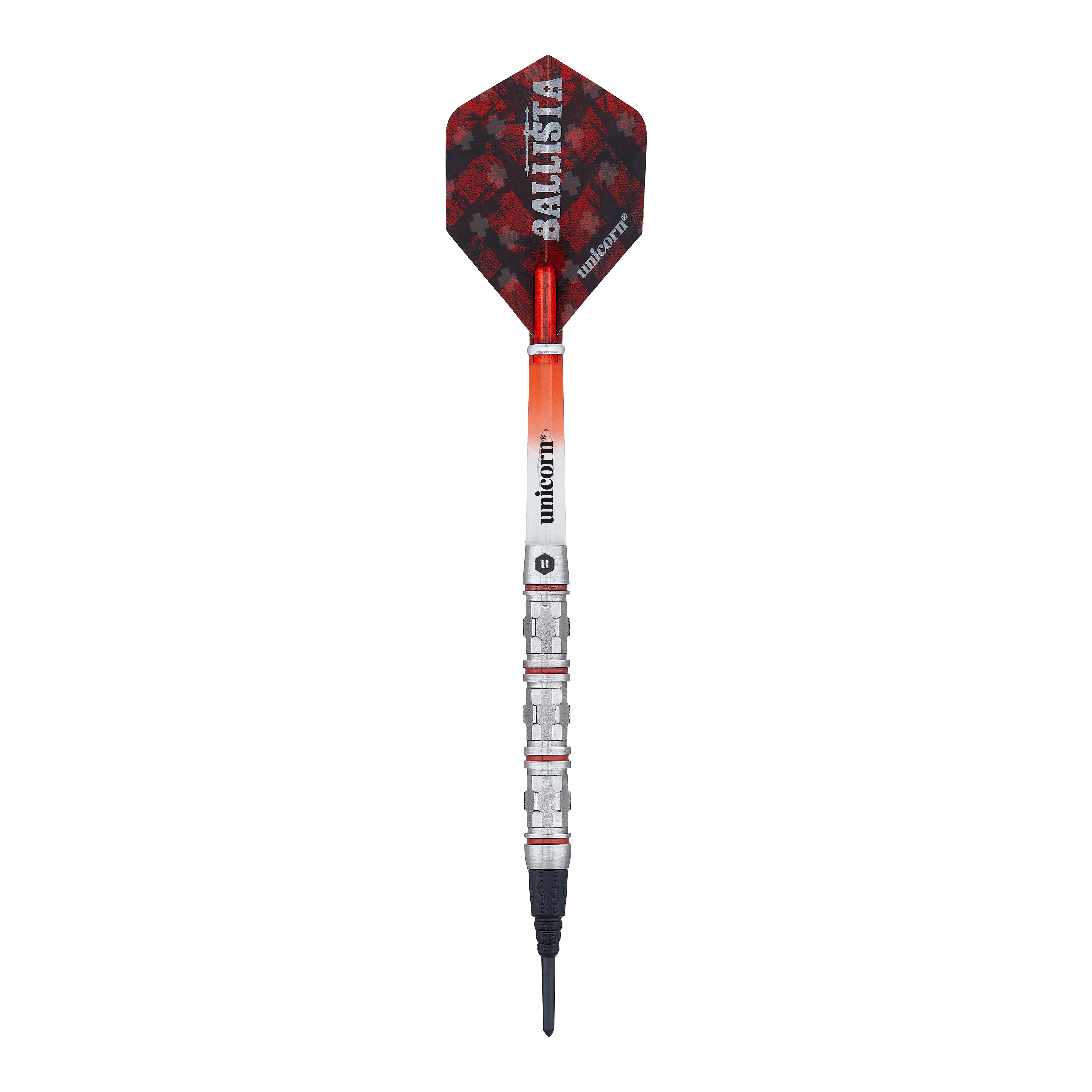 Unicorn Ballista Style 4 freccette morbide Das Bild zeigt einen Softdart der Marke Unicorn, Modell Ballista Style 4. Der Dart hat rote und schwarze Flights sowie einen silbernen, gerillten Barrel.