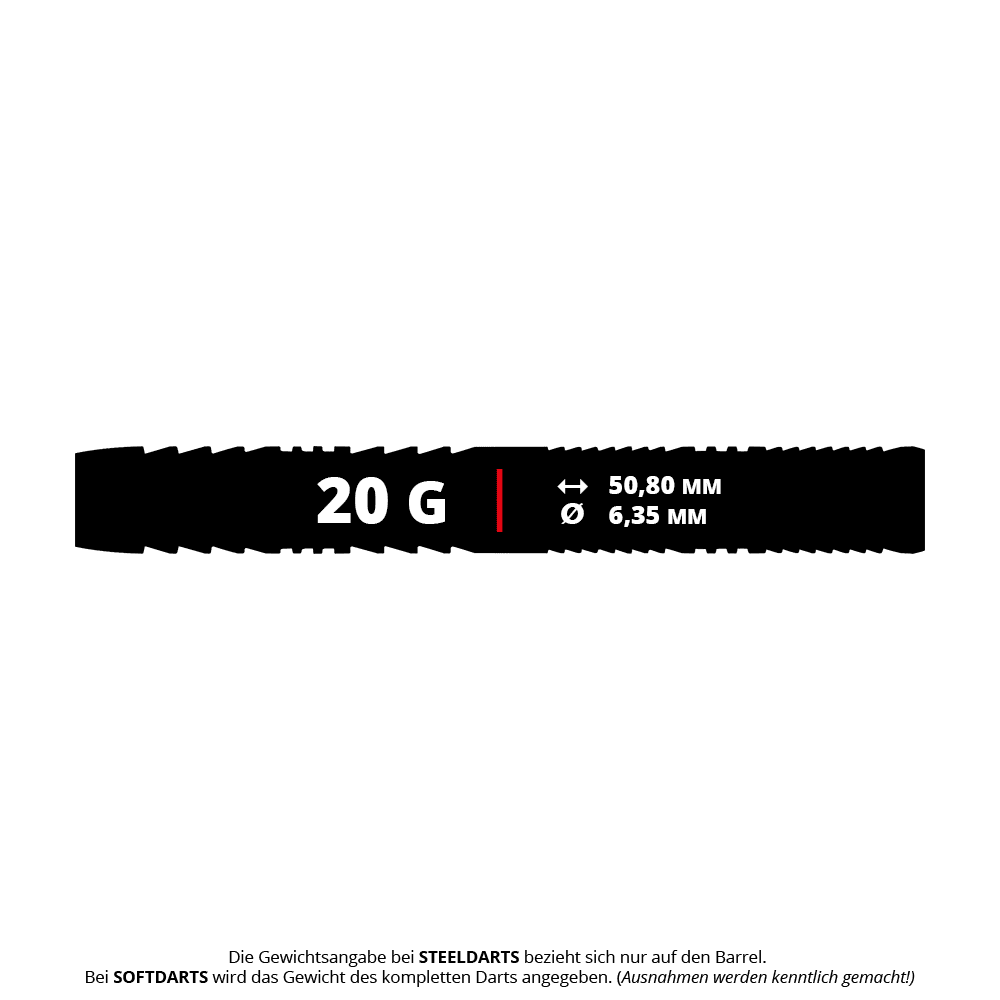 Šipky Red Dragon Seren 1 Pure Softdarts - 20g Das Bild zeigt die Maße und das Gewicht des Produkts "Red Dragon Seren 1 Pure Softdarts - 20g". Der Dart wiegt 20 Gramm, ist 50,80 mm lang und hat einen Durchmesser von 6,35 mm.