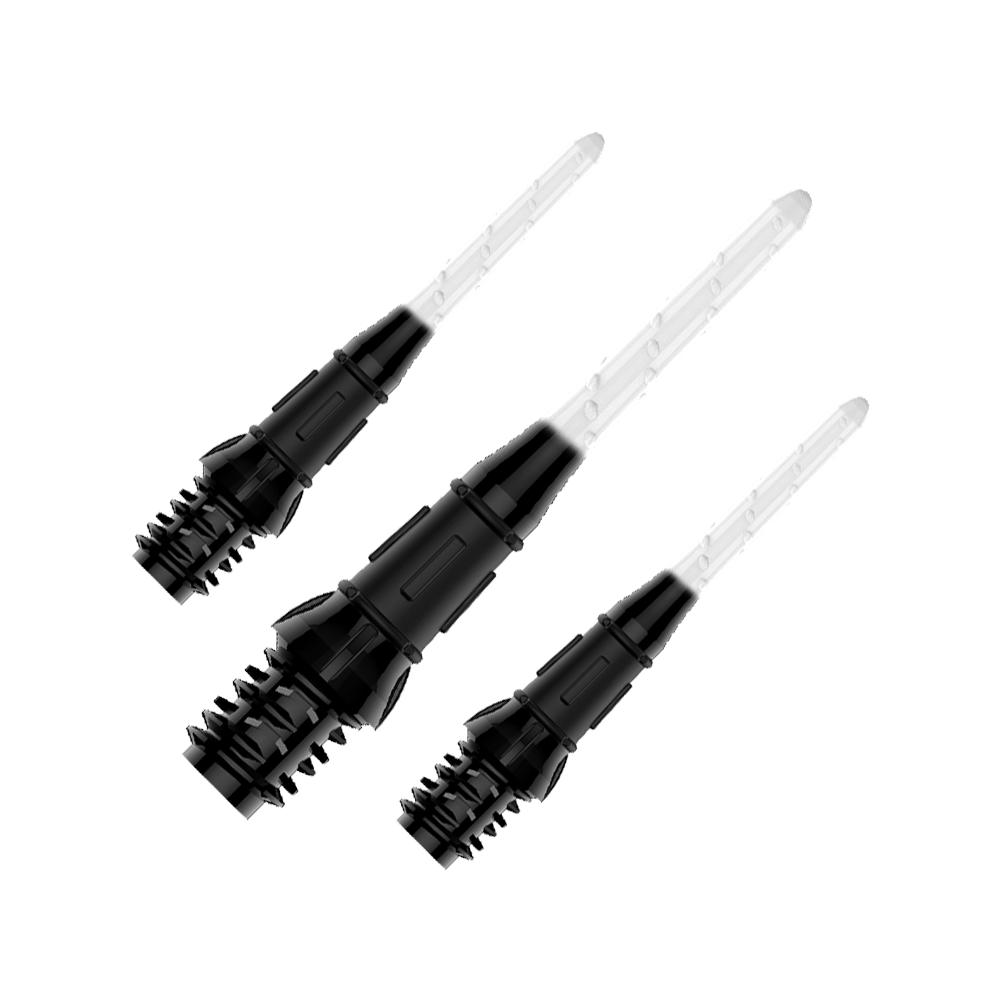 L-Style Premium Bicolore Lippoints (Paquet de 30) Auf dem Bild sind drei schwarze und transparente Dartspitzen zu sehen. Sie sind in einer Reihe angeordnet und weisen ein modernes, zweiteiliges Design auf.