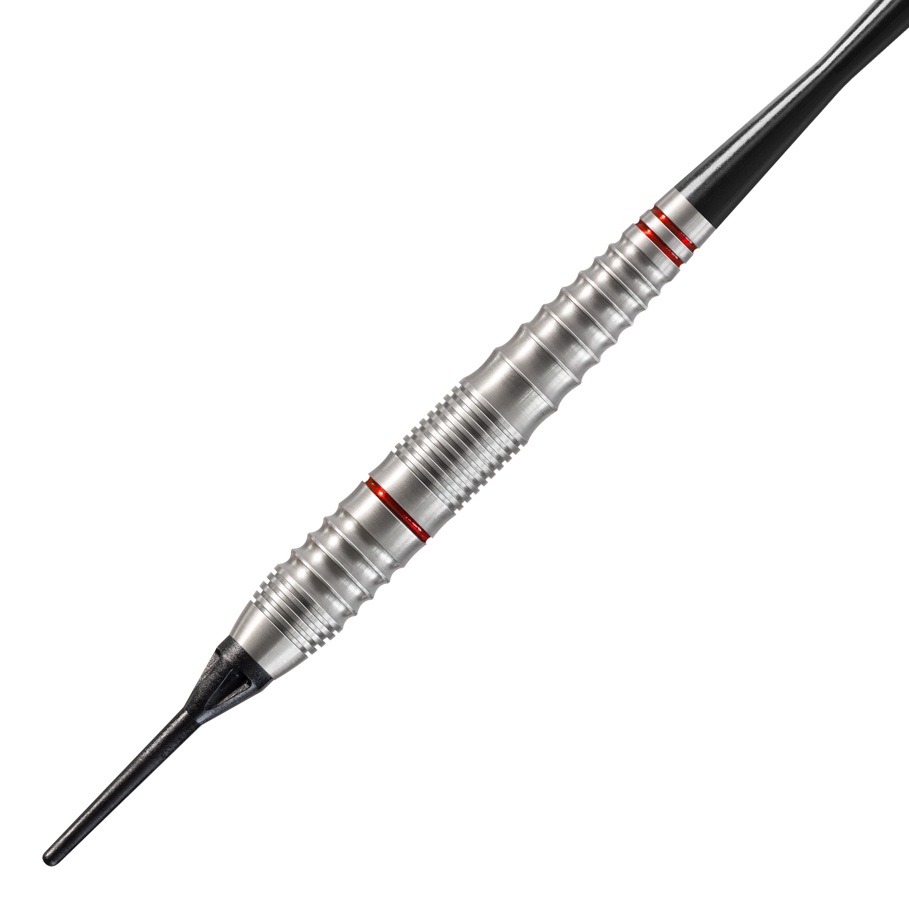 Dardos suaves Harrows Rage Das Bild zeigt einen silbernen Softdart namens "Harrows Rage Softdarts". Der Dart hat rote Ringe und eine schwarze Kunststoffspitze.