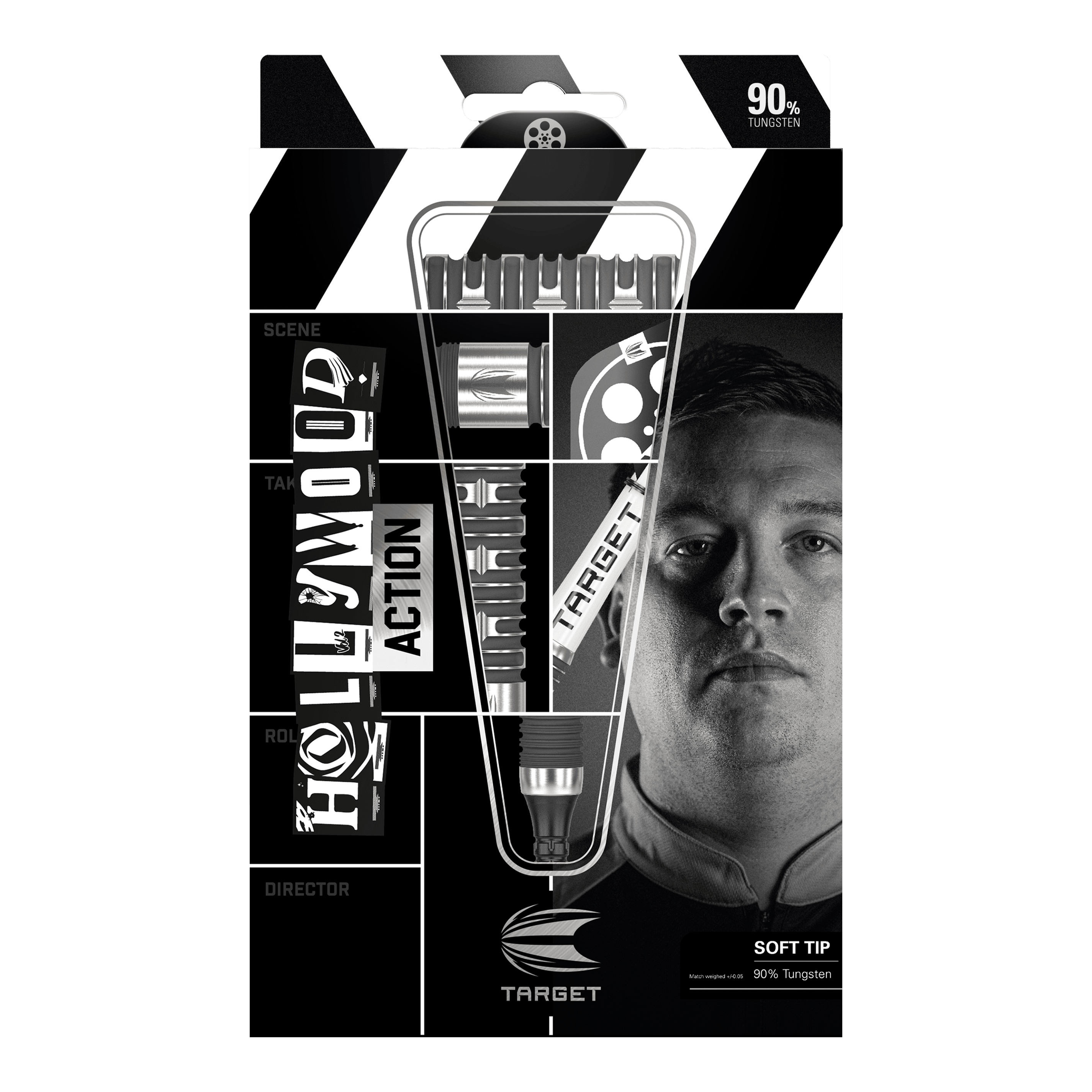 Target Chris Dobey Hollywood Action Softdarts - 20g Die Abbildung zeigt das Produkt "Target Chris Dobey Hollywood Action Softdarts - 20g" in seiner Verpackung. Auf der Verpackung sind die Darts sowie das Gesicht eines Mannes und der Markenname deutlich zu sehen.