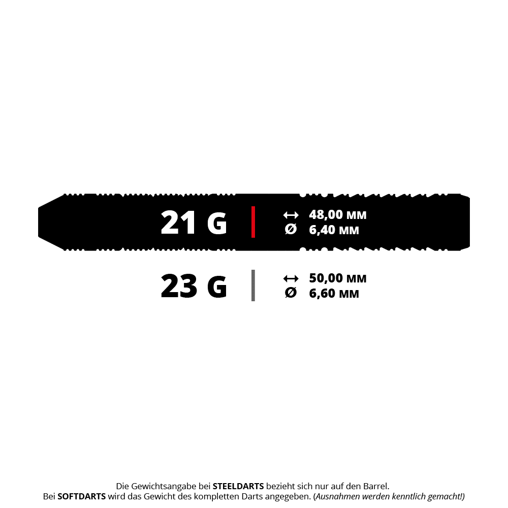Dardos de acero Target Japan Black Marque Reyn GEN2 Das Bild zeigt zwei verschiedene Steeldarts mit unterschiedlichen Gewichten und Maßen. Ein Dart wiegt 21 g und ist 48 mm lang, der andere wiegt 23 g und ist 50 mm lang.