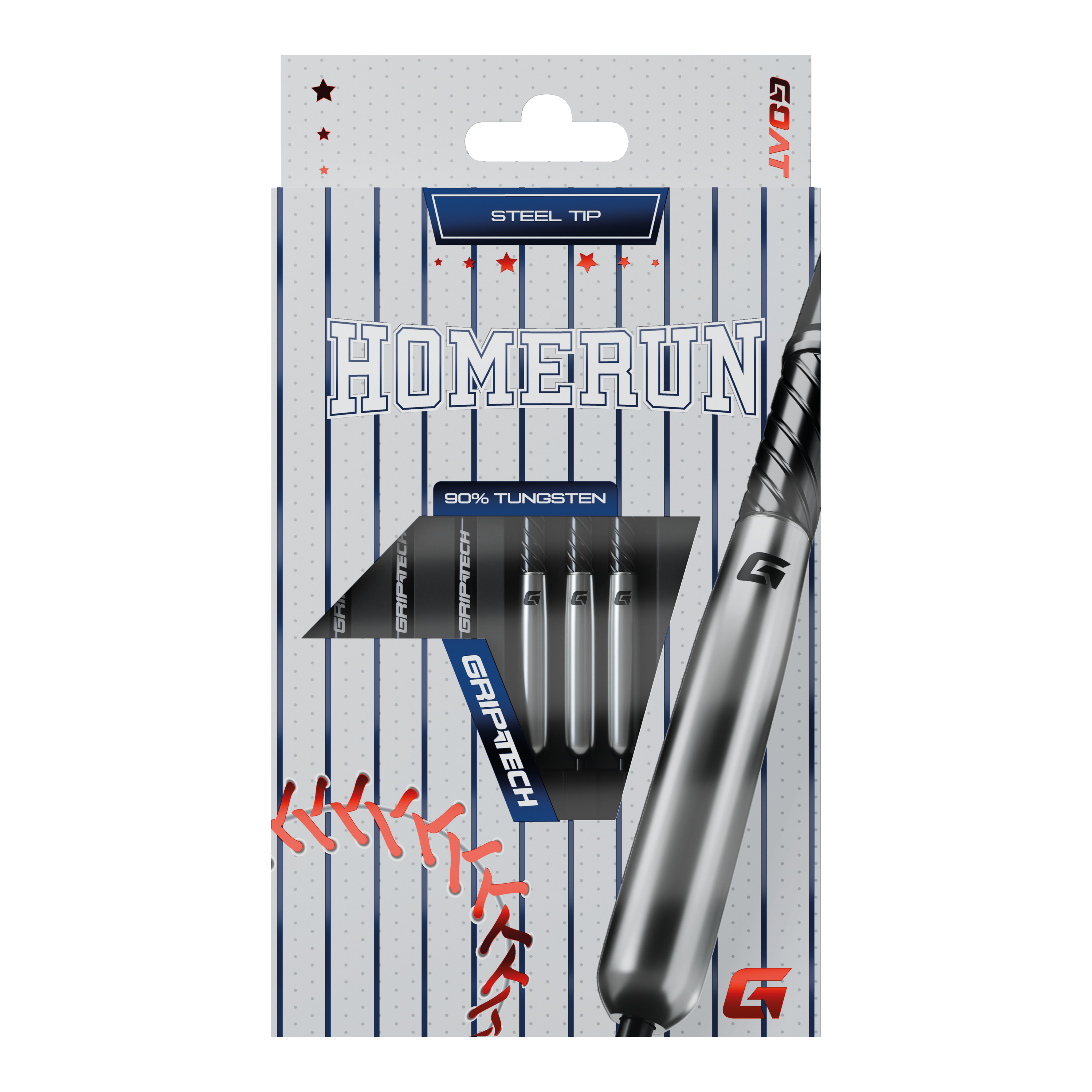 Šipky GOAT Homerun Baseball Tungsten Steel Das Bild zeigt die Verpackung der "GOAT Homerun Baseball Tungsten Steeldarts" mit Stahlspitze. Auf der Vorderseite sind drei Darts sowie baseballtypische Designelemente abgebildet.