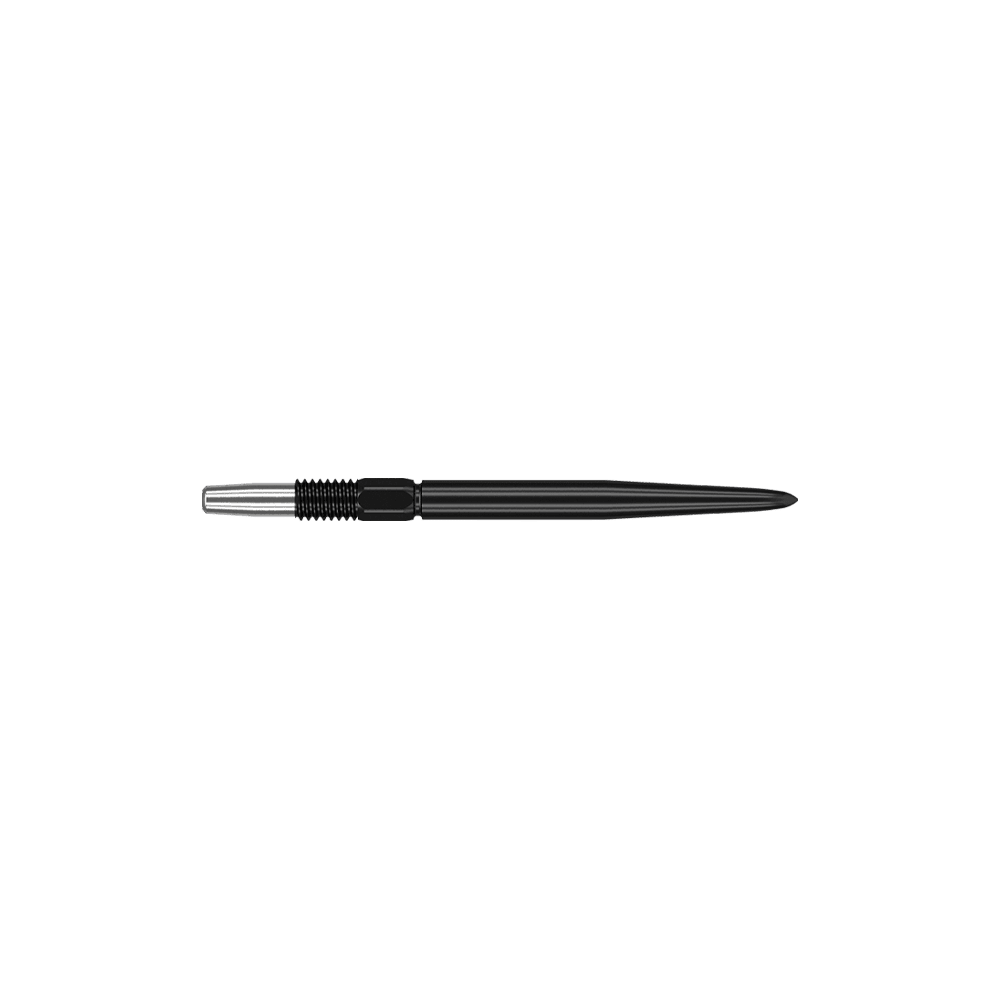 Target Swiss Point Black dart tips Das Bild zeigt eine schwarze Dartspitze mit einer silbernen Befestigung. Die Spitze ist schlank und misst 26 mm in der Länge.