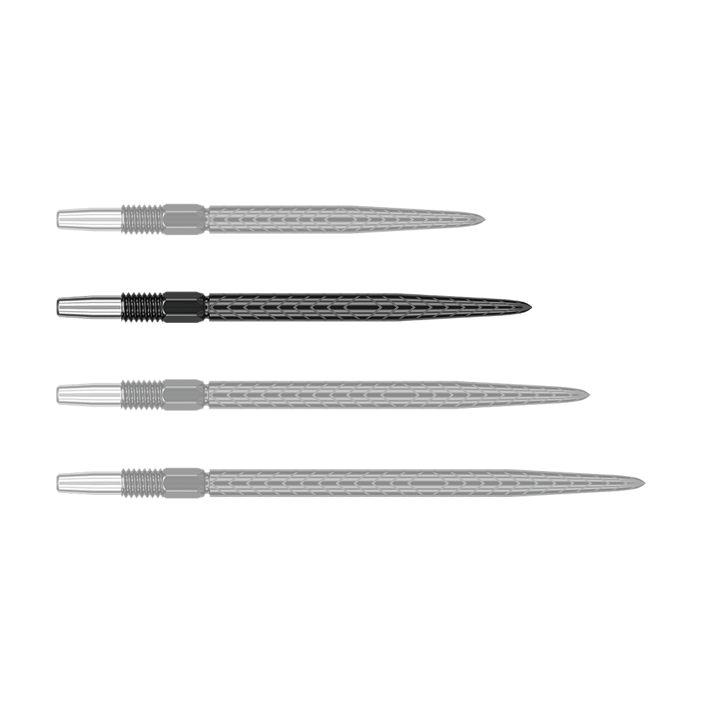 Target Swiss Point RVE Dartspitzen - Schwarz Das Bild zeigt vier schwarze Dartspitzen mit silbernem Gewinde. Sie liegen parallel nebeneinander auf einem grünen Hintergrund.