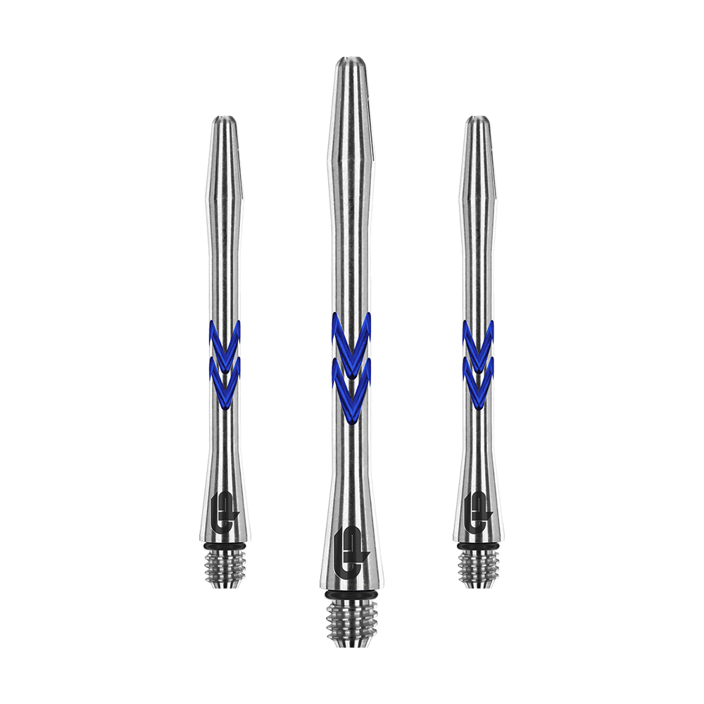 C643_Red_Dragon_Gerwyn_Price_V-Groove_Aluminium_Shafts_Blue_46mm_1 Das Bild zeigt drei silberne Aluminium-Dartschäfte mit blauen V-förmigen Rillen. Es handelt sich um das Produkt "Red Dragon Gerwyn Price V-Groove Blue Aluminium Shafts".