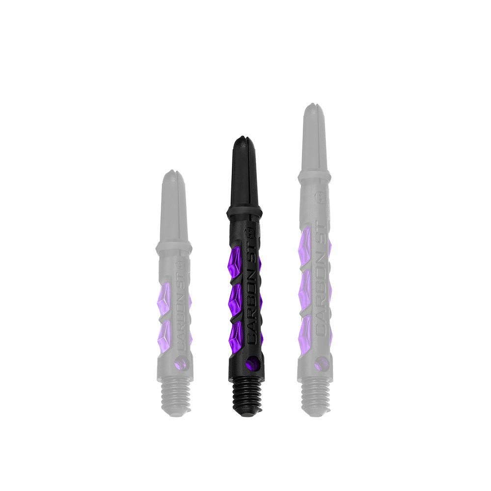 HR426_Harrows_Carbon_ST_Shafts_Lila_40mm_1 Das Bild zeigt drei schwarze Dartschäfte mit lila Akzenten. Auf den Schäften steht „CARBON ST“.