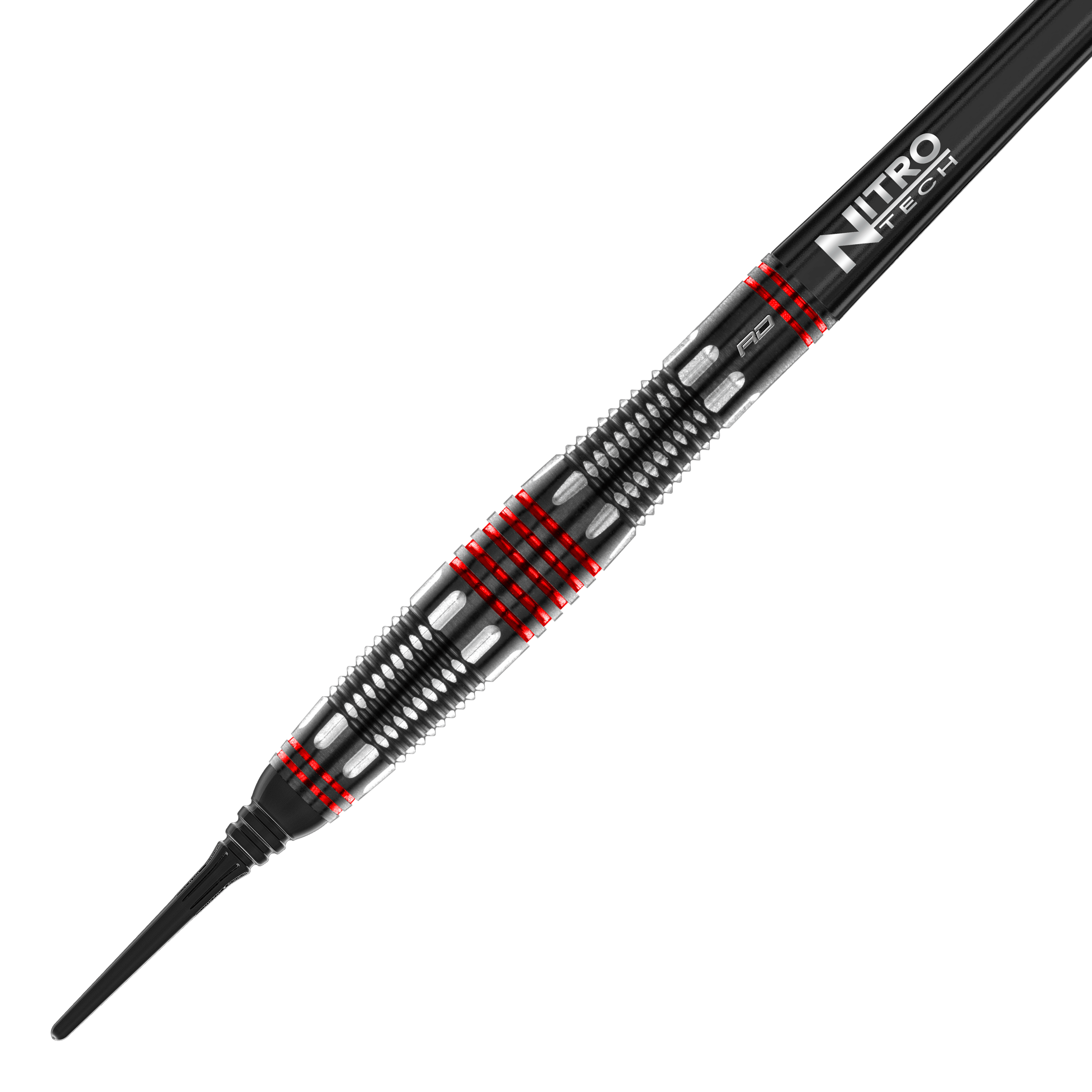Měkké šipky Red Dragon Marlin Venom - 22g Das Bild zeigt den Red Dragon Marlin Venom Softdart mit einem Gewicht von 22 Gramm. Der Dart hat ein schwarzes und silbernes Design mit auffälligen roten Ringen und einer „Nitro Tech“-Beschriftung.