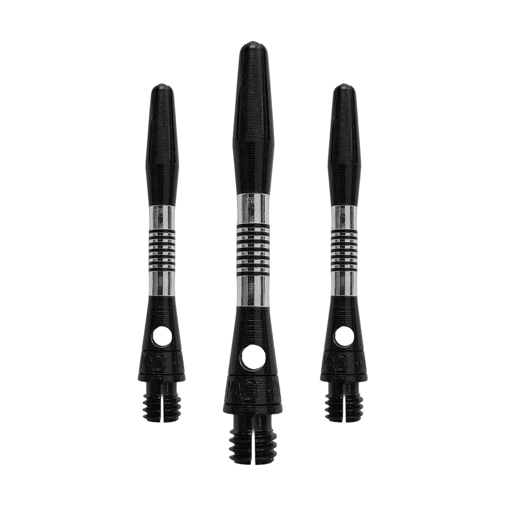 Bulls NL Cetra Aluminium Shafts - Schwarz Das Bild zeigt ein Set von schwarzen Aluminium-Dartschäften. Alle Schäfte haben eine Länge von 34mm.