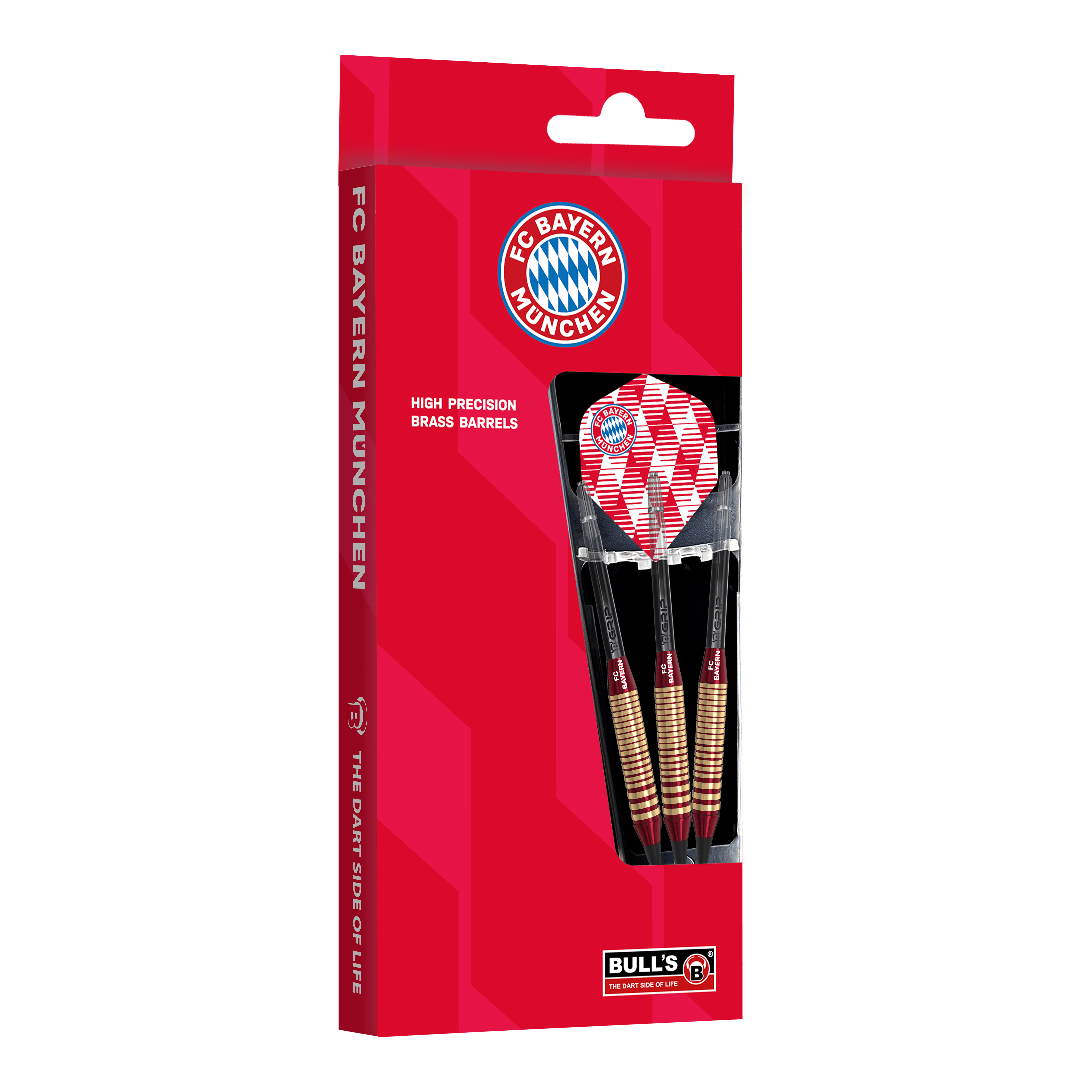 Abgebildet sind die Bulls FC Bayern München Brass Softdarts mit 18g Gewicht. Sie eignen sich für Softdart-Spiele und tragen das Vereinsdesign.