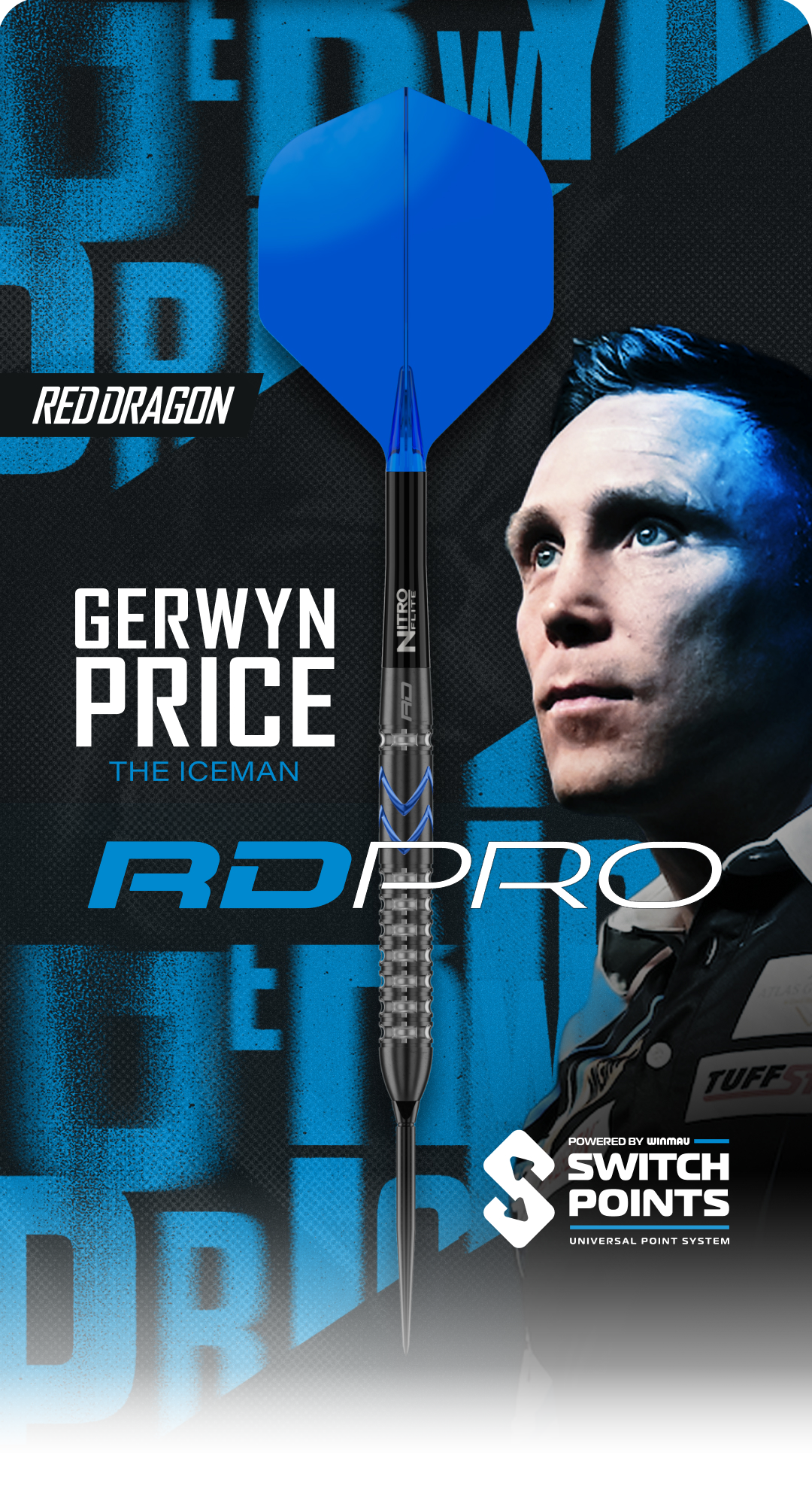 Werbebanner mit dem Text 'Red Dragon Price RD Pro'. Das Bild zeigt ein beworbenes Dartprodukt.