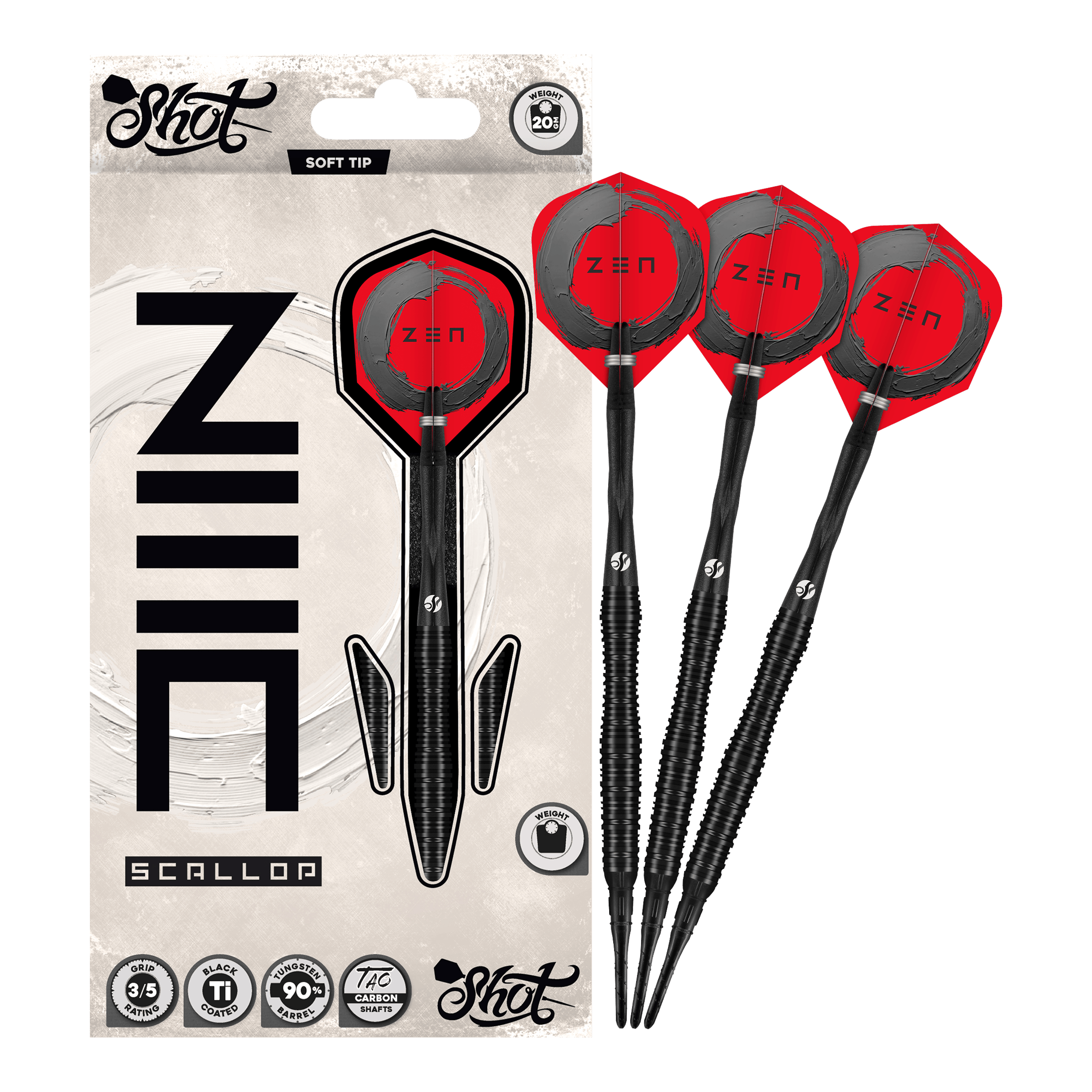 Shot ZEN Scallop Softdarts - 20g Das Bild präsentiert die Shot ZEN Scallop Softdarts - 20g in voller Ansicht. Diese Darts zeichnen sich durch ihre hochwertige Verarbeitung aus.