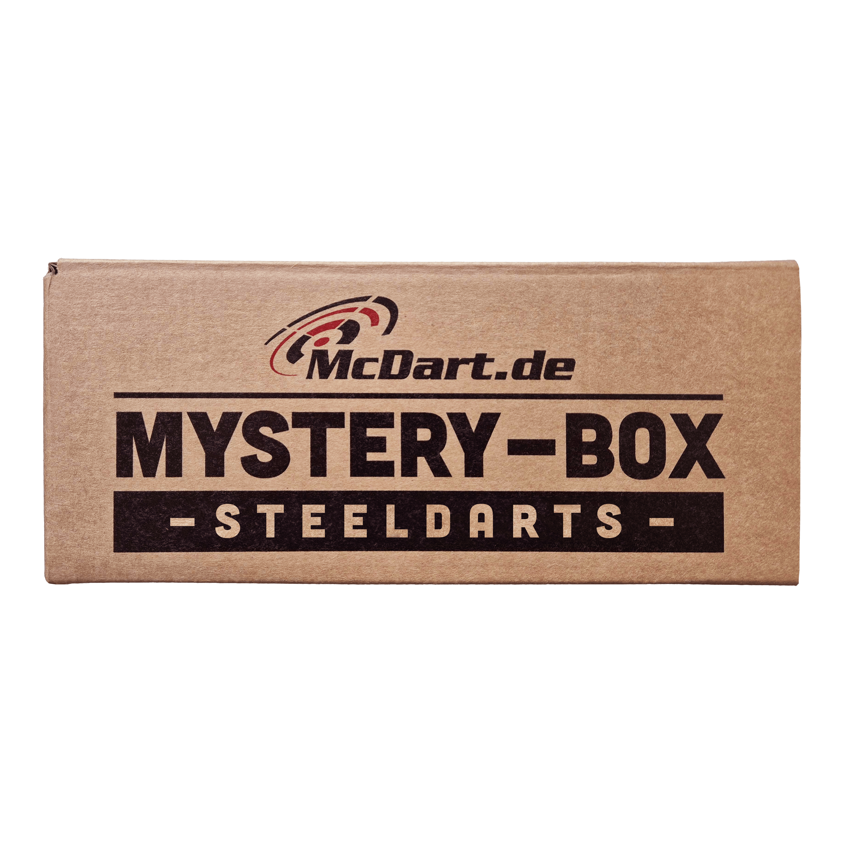 McDartova záhadná krabička - Steeldarts Die Abbildung zeigt eine braune Box mit der Aufschrift „McDart Mystery-Box - Steeldarts“. Die Verpackung sieht einfach aus und ist speziell für Steeldarts-Fans gestaltet.