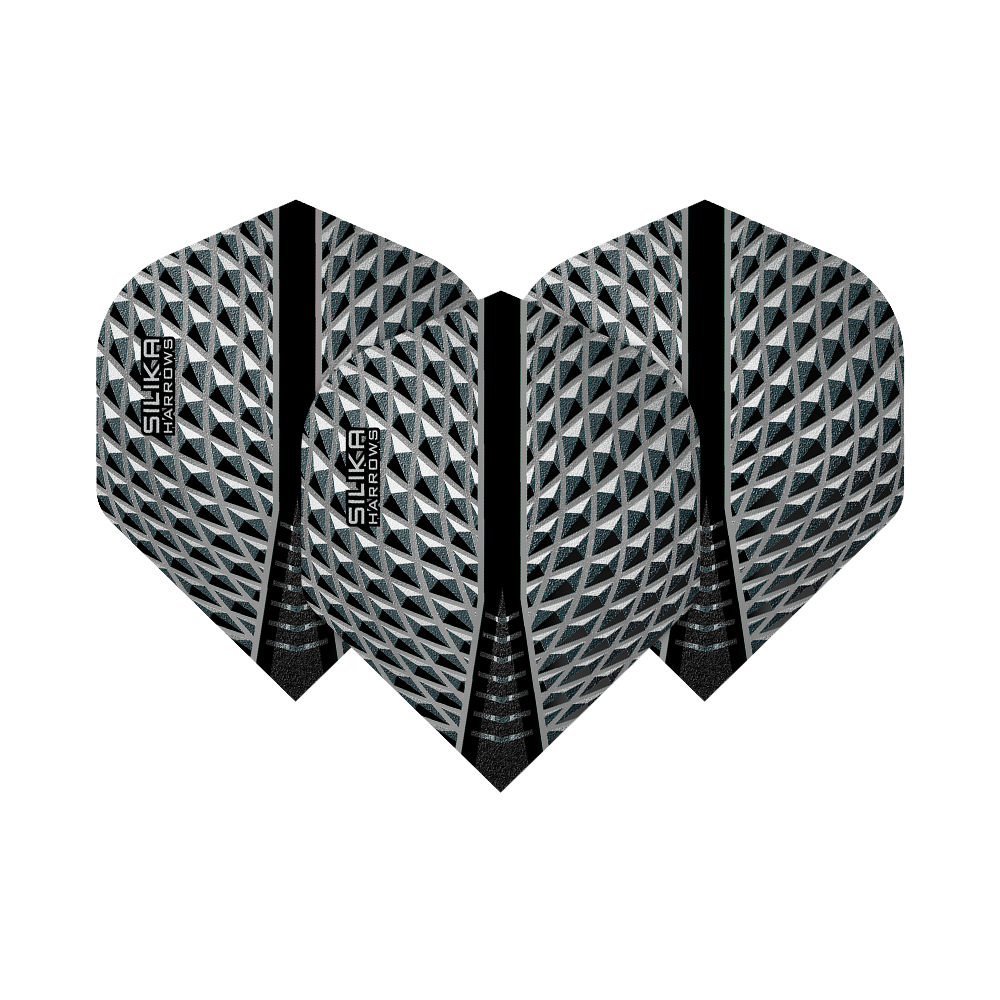 HR85_Harrows_Silika_Smokey_No2_Standard_Flights_1wn8mlLTC5gFov Das Bild zeigt die Harrows Silika Smokey No2 Standard Flights. Sie haben ein silber-schwarzes, geometrisches Muster mit dem Schriftzug "Silika Harrows".