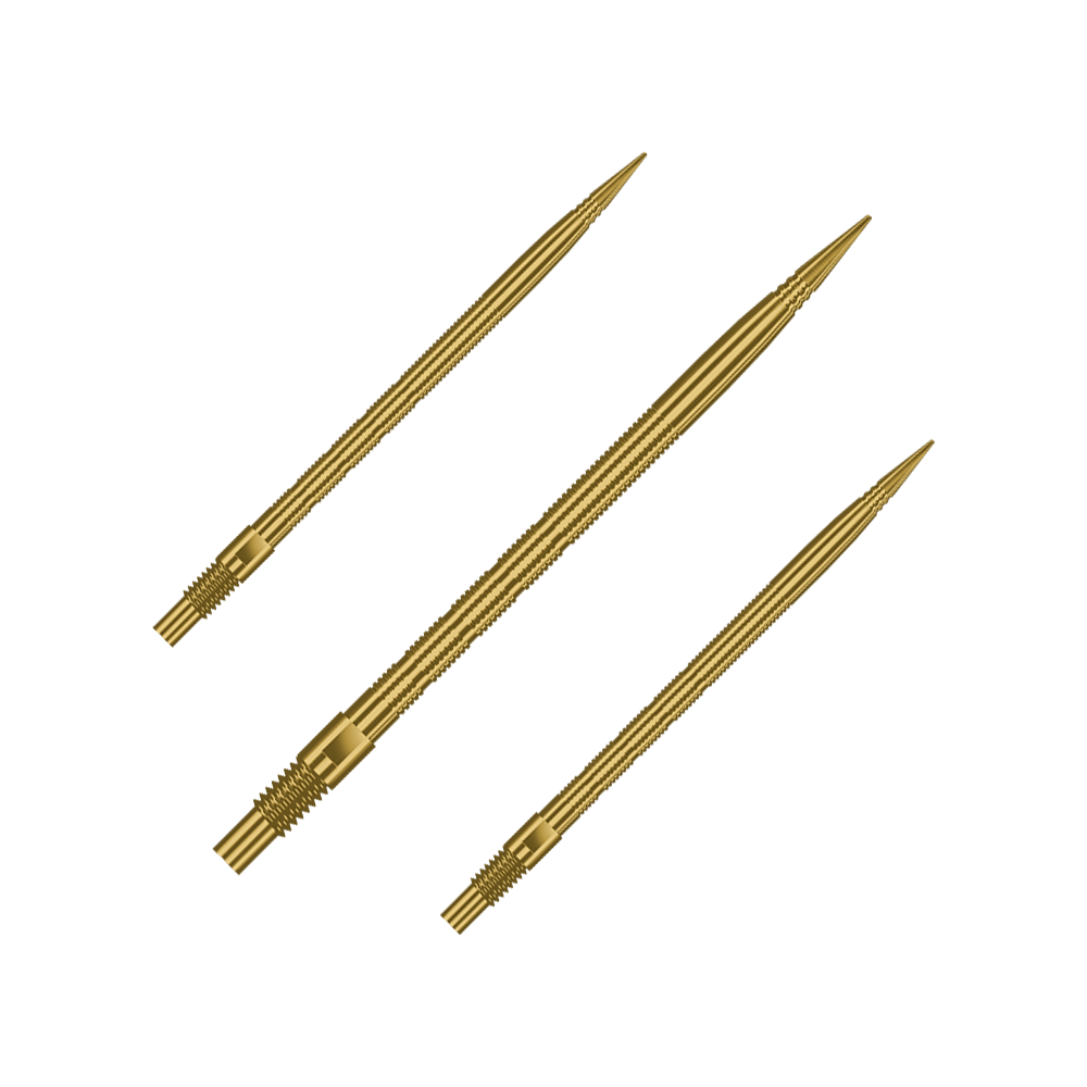 Harrows Quick Point Micro Ridge Dartspitzen - Gold Gezeigt wird ein Set von Harrows Quick Point MicroRidge Dartspitzen in Gold, 40mm. Verschiedene Spitzen sind nebeneinander angeordnet.
