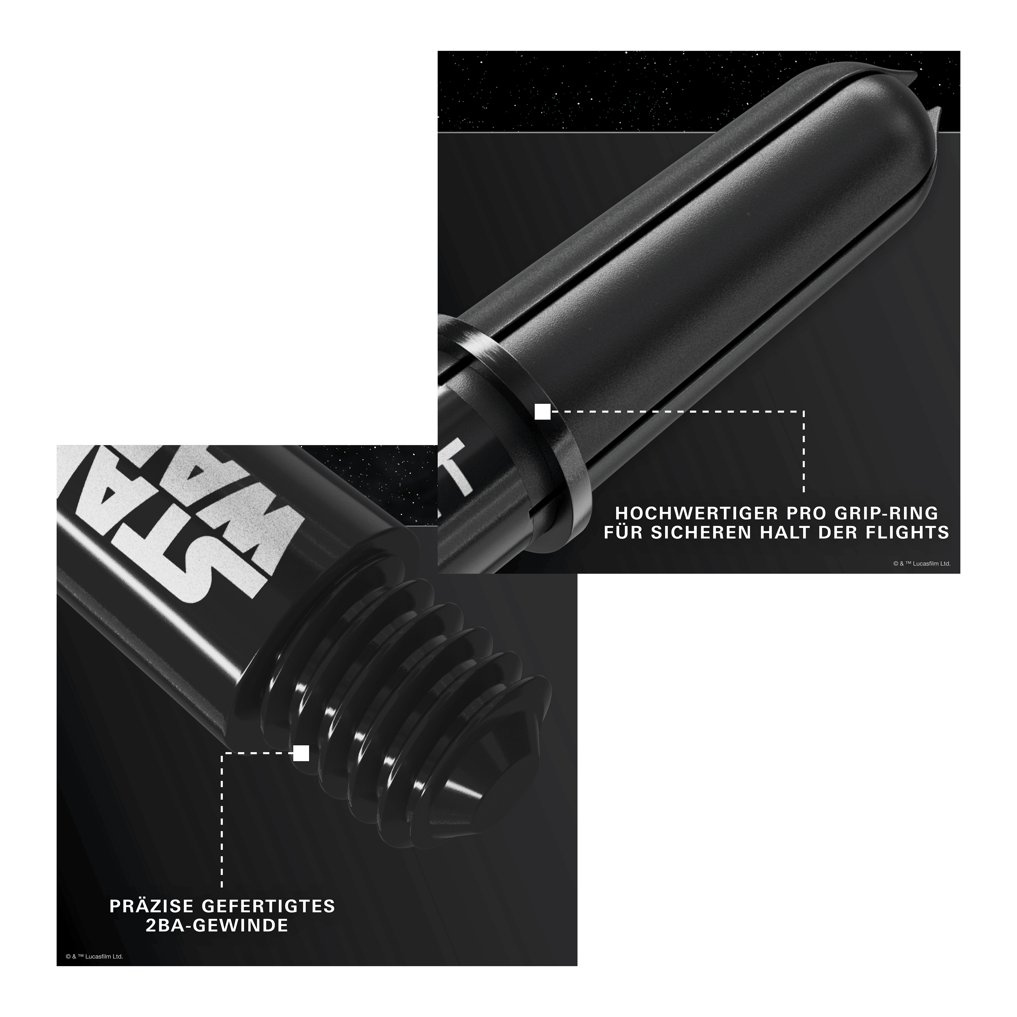 Násadky Target Star Wars ProGrip - černé Target Star Wars ProGrip Shafts in Schwarz sind auf dem Bild zu sehen. Diese Schäfte richten sich an Dart- und Star Wars Liebhaber.