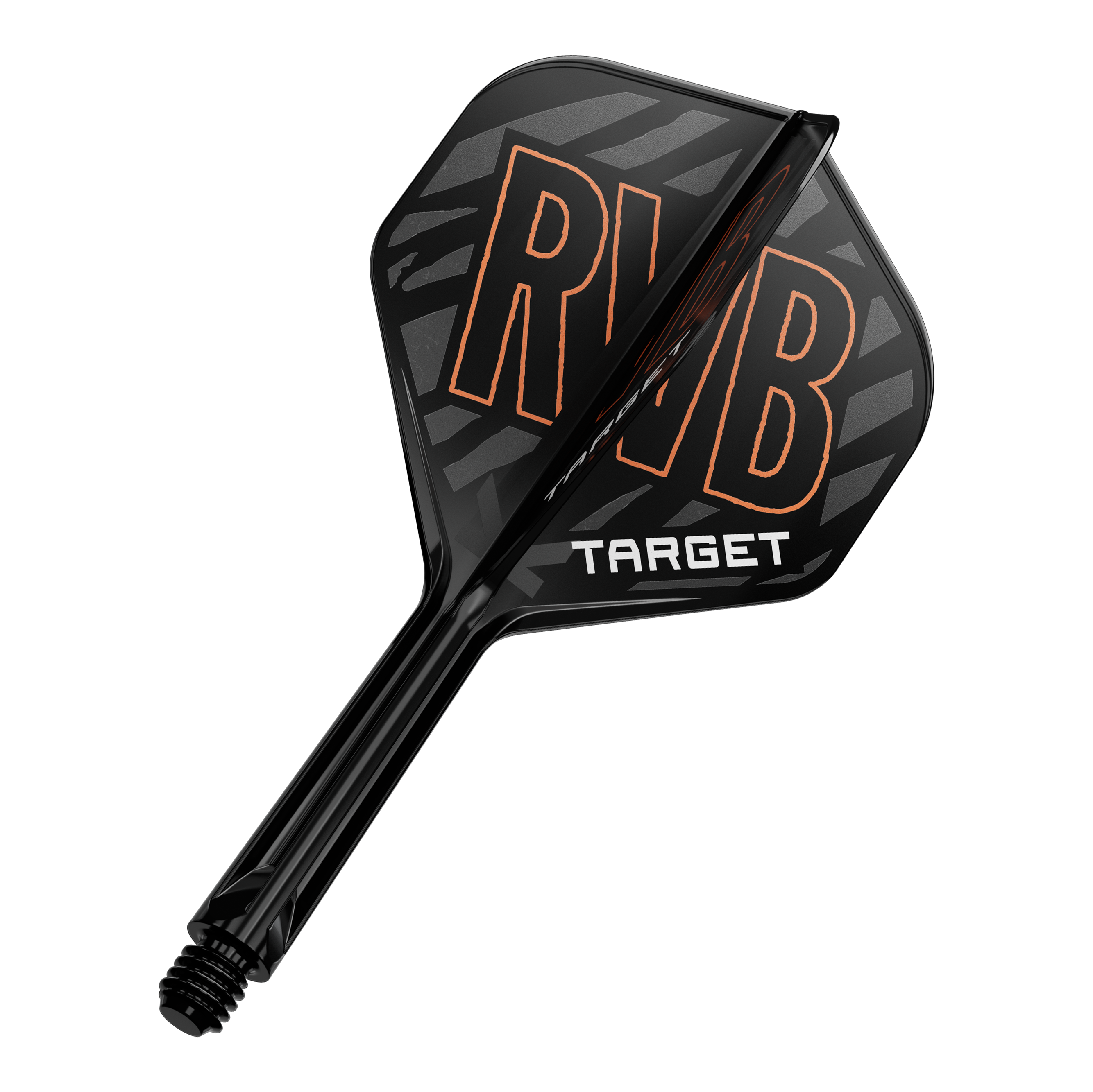 Das Bild zeigt ein schwarzes Dart Flight-Schaft-System mit den Buchstaben „RVB“ in orange. Darunter steht das Wort „TARGET“ in weißen Buchstaben.