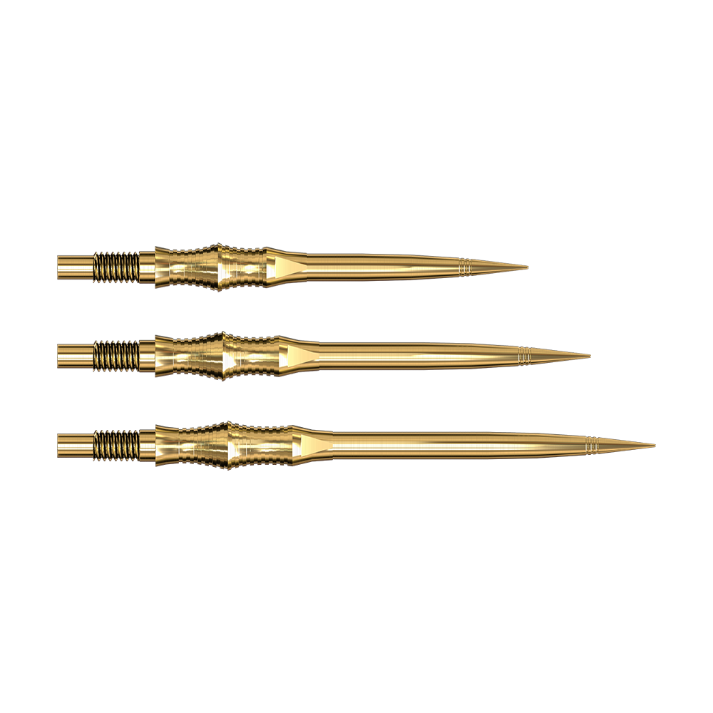 Harrows Quick Point Apex Spire Elite Series Dartspitzen - Gold Ein einzelner goldfarbener Dartspitze liegt auf neutralem Hintergrund. Die Spitze ist lang und schlank.