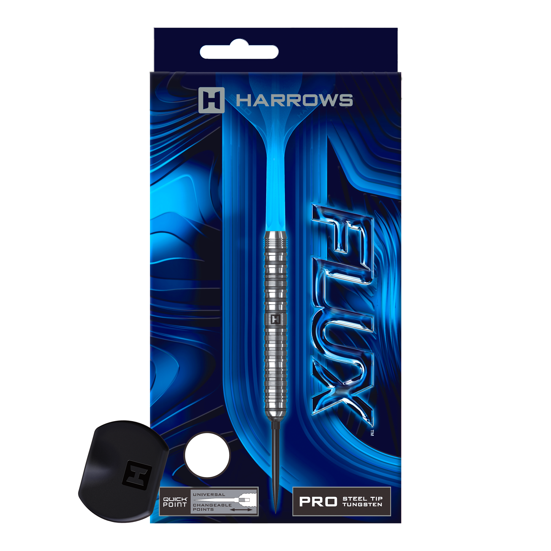 Ein Steeldart aus der Flux Parallel QuickPoint Serie wird gezeigt. Er ist metallisch und filigran.