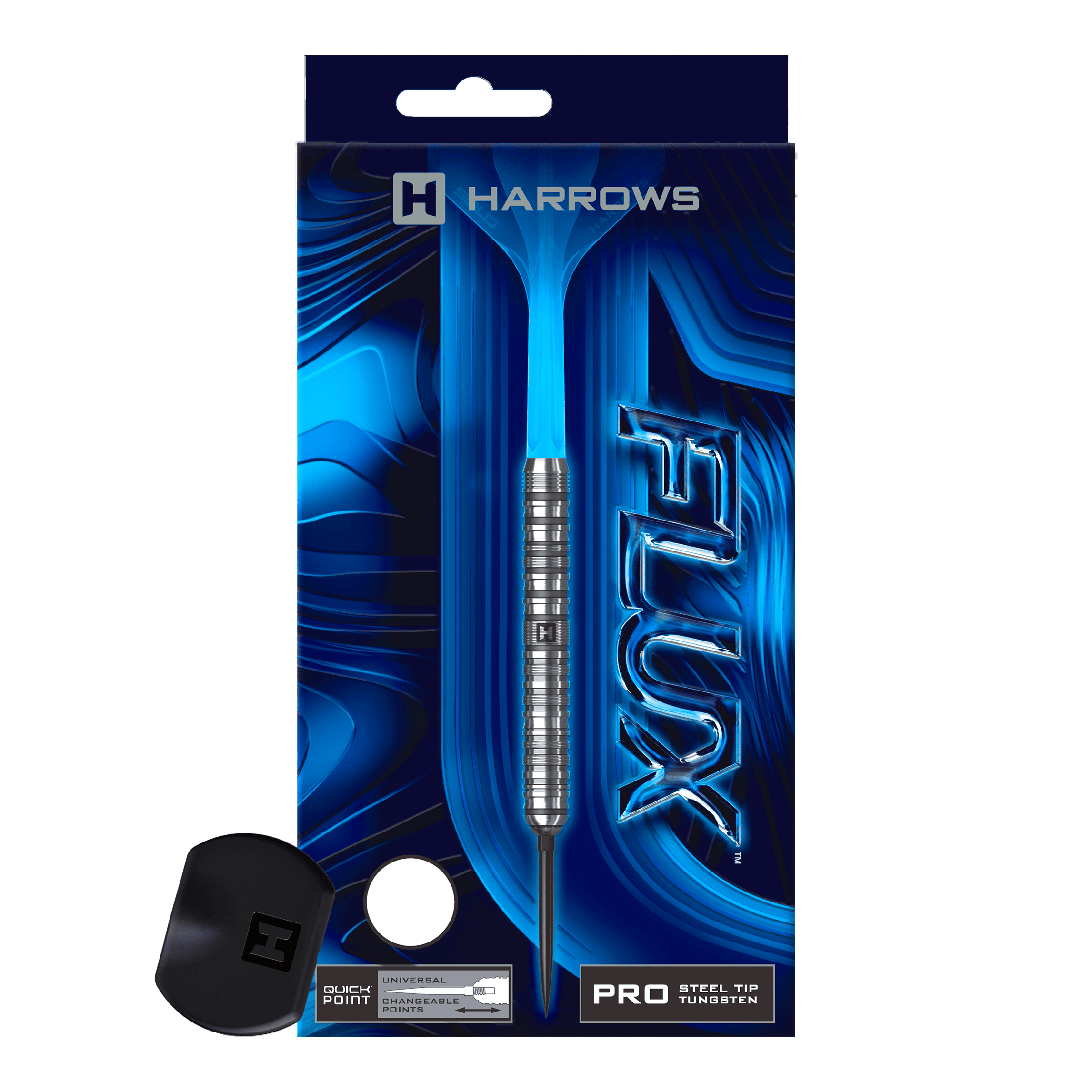 Harrows Flux Quick Point Steeldarts Ein Steeldart aus der Flux Parallel QuickPoint Serie wird gezeigt. Er ist metallisch und filigran.