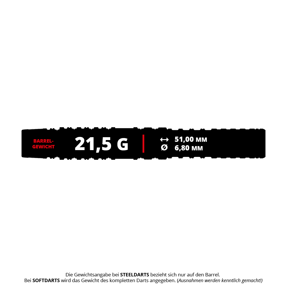 Dardos blandos Target Japan Prime Series Yuta Hayashi Sirius GEN3 MAX - 21,5 g Das Bild zeigt die Produktdetails der "Target Japan Prime Series Yuta Hayashi Sirius GEN3 MAX Softdarts - 21,5g". Angegeben sind das Barrelgewicht von 21,5 g, eine Länge von 51,00 mm und ein Durchmesser von 6,80 mm.