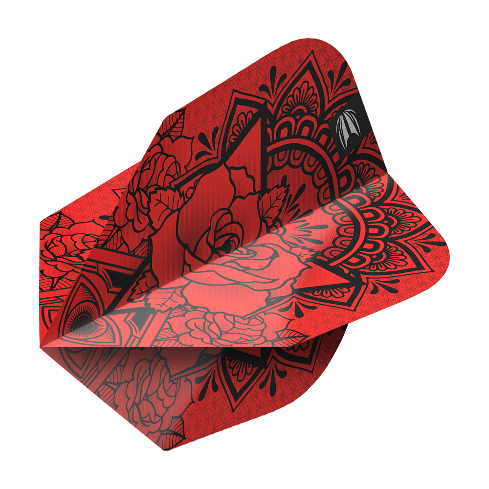 TG482_335420_Target_ProUltra_Ink_Red_No6_Flights_2 Das Bild zeigt die Target ProUltra Ink Red No6 Flights. Sie sind rot mit einem auffälligen schwarzen Blumen- und Mustermotiv gestaltet.