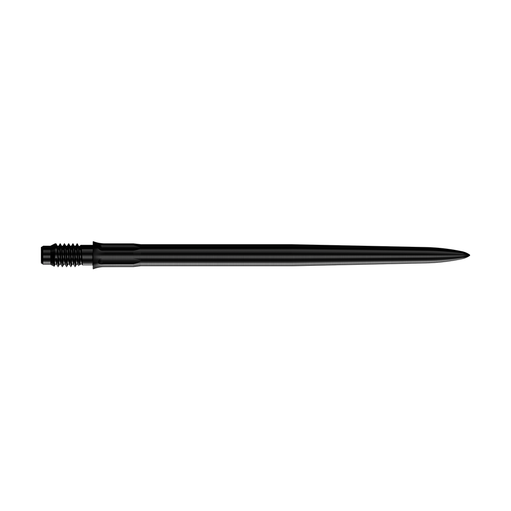 Das Bild zeigt Dartspitzen in Schwarz mit 40mm Länge. Zu sehen sind die Mission R25 Rapid Point SM1 Dartspitzen.