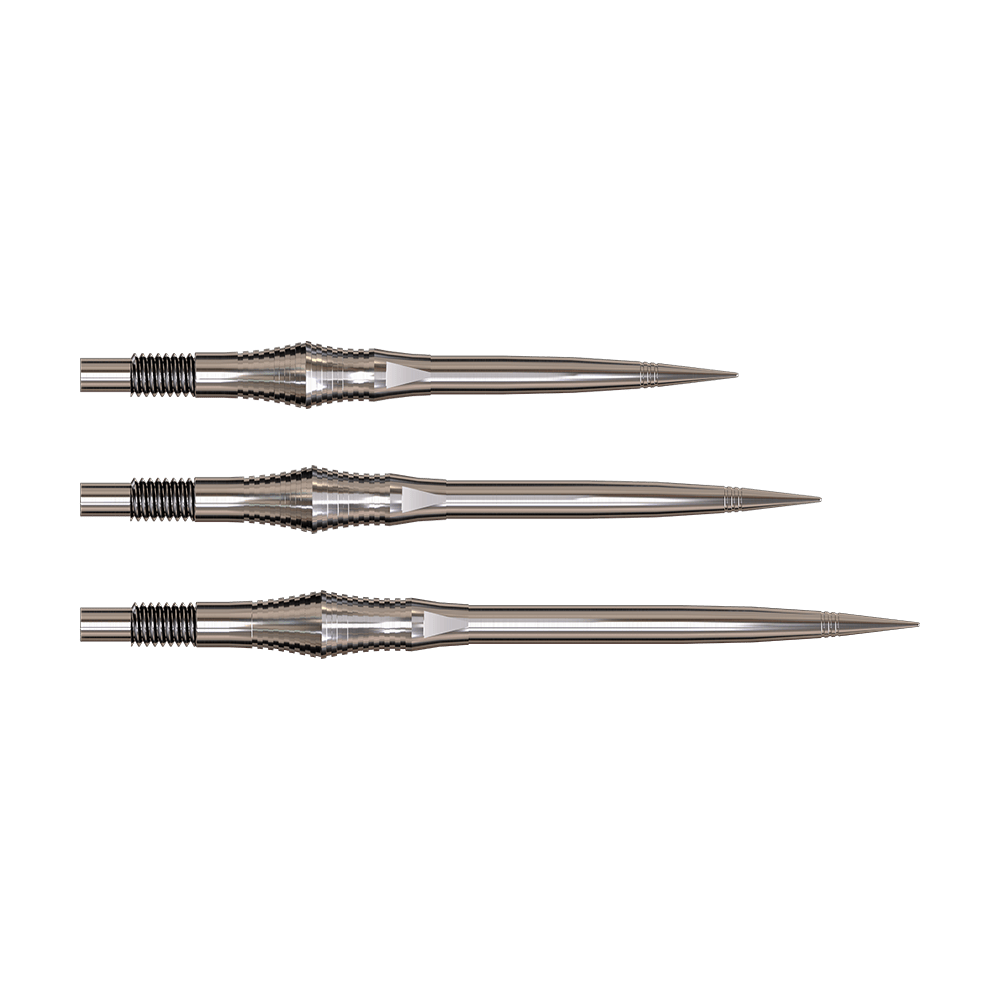 Harrows Quick Point Spire Elite Series Dartspitzen - Silber Dartspitzen der Spire Silver Elite Serie sind abgebildet. Sie sind silberfarben mit einer schlanken Form.