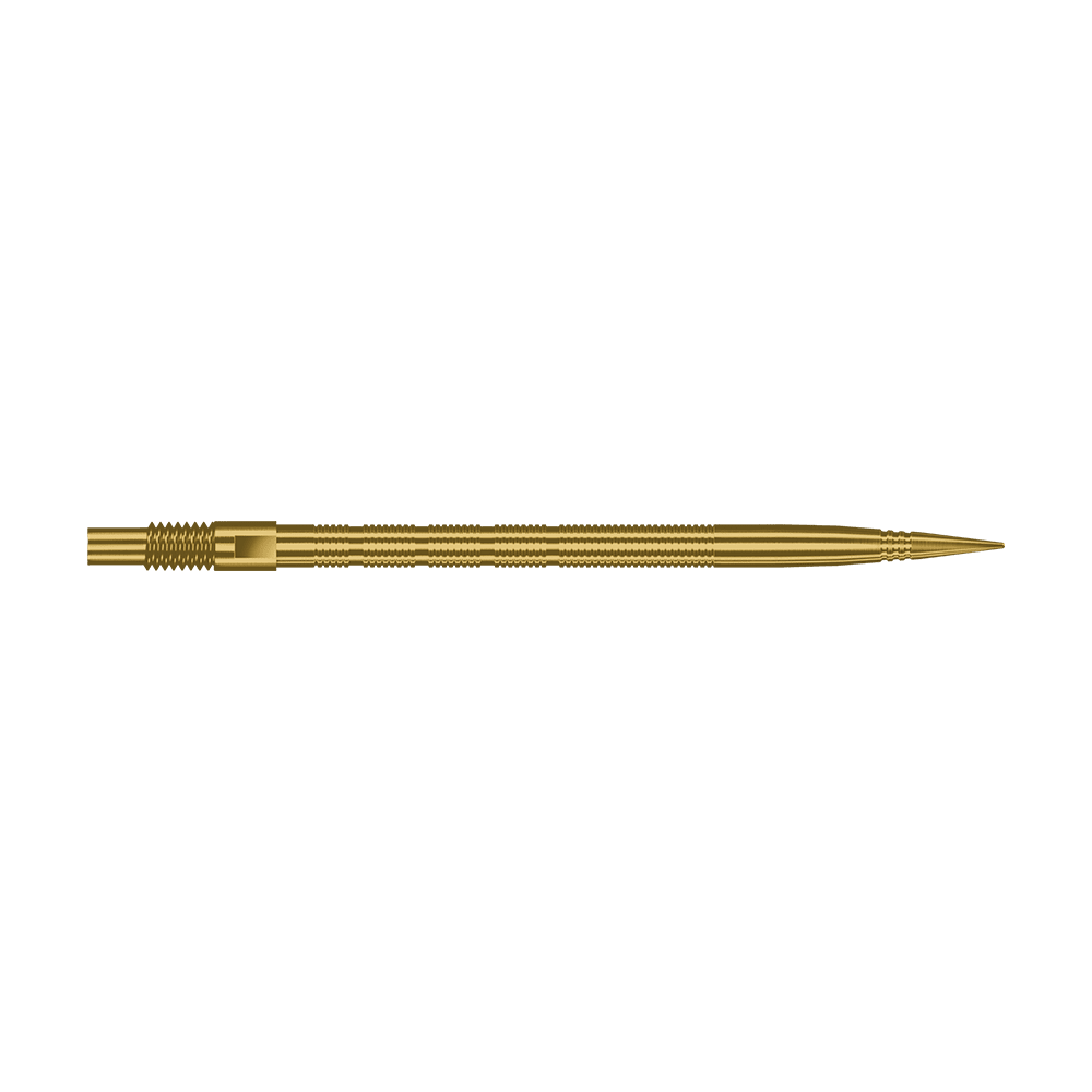 Das Bild zeigt Harrows Quick Point MicroRidge Dartspitzen in Gold, 40mm. Die Dartspitze ist einzeln dargestellt.