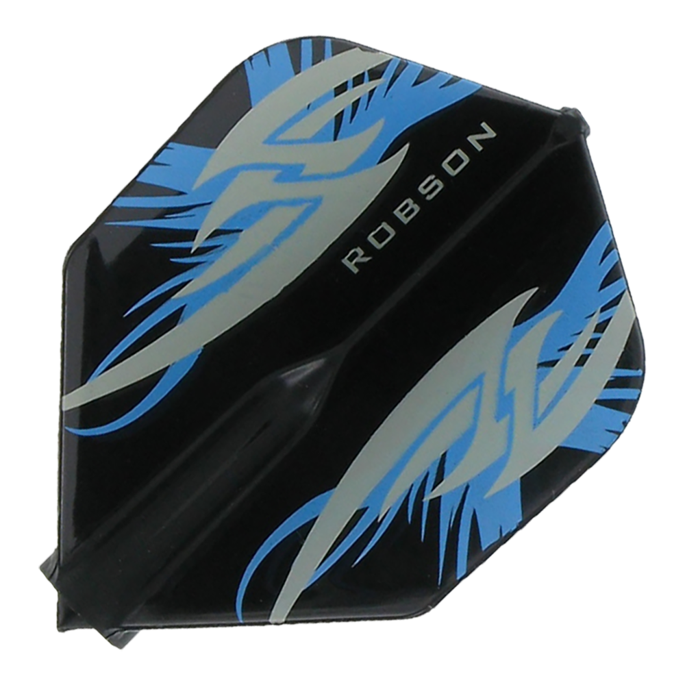 Robson Plus Flights Standard Argo Black Das Bild zeigt ein schwarzes Dartflight mit blauen und silbernen Mustern. In der Mitte steht der Schriftzug "ROBSON".