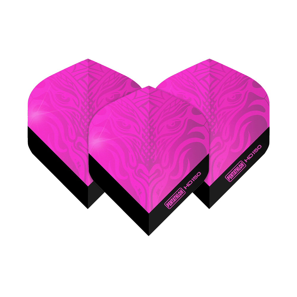 Pentathlon HD150 metalicky růžové standardní letky Das Bild zeigt drei Pentathlon HD150 Metallic Pink Standard Flights. Die Flights sind leuchtend pink mit einem schwarzen unteren Rand und einem dekorativen Muster.