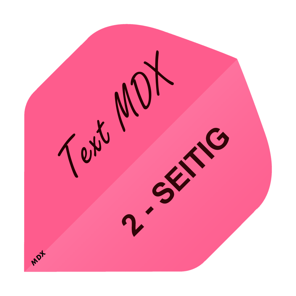 MD-402_2-Seitig_Bedruckte_Flights_Wunschtext_MDX_Pink_Standard_1 Das Bild zeigt einen pinken, quadratischen Aufdruck mit dem Text „Text MDX“ und „2-SEITIG“. Es handelt sich um ein Beispiel für bedruckte Flights mit Wunschtext im MDX Standard.