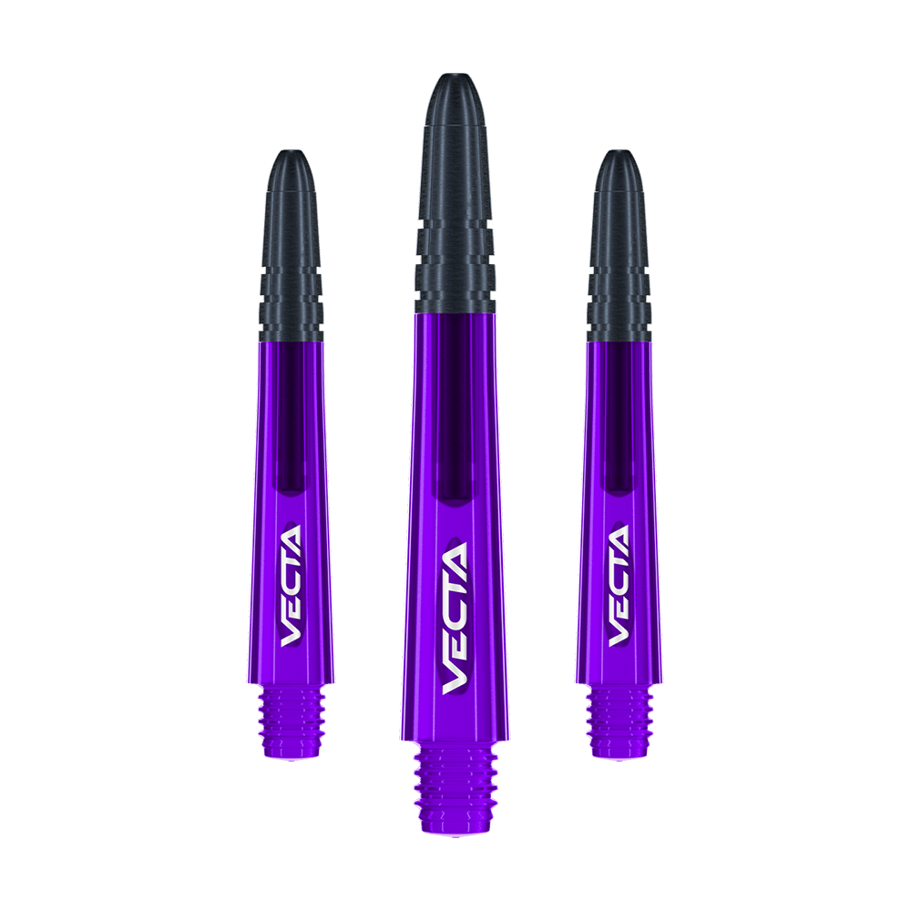 Winmau Vecta Shafts - Lila Schwarz Das Bild zeigt drei violett-schwarze Dartschäfte mit der Aufschrift "VECTA". Sie sind gleich lang und nebeneinander angeordnet.
